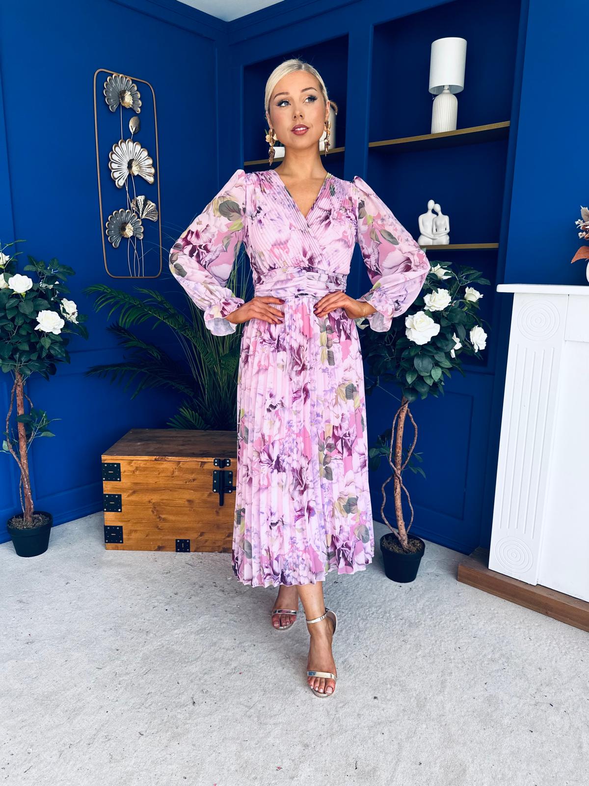 Blaithin Pleated Midi Dress Floral Lilac