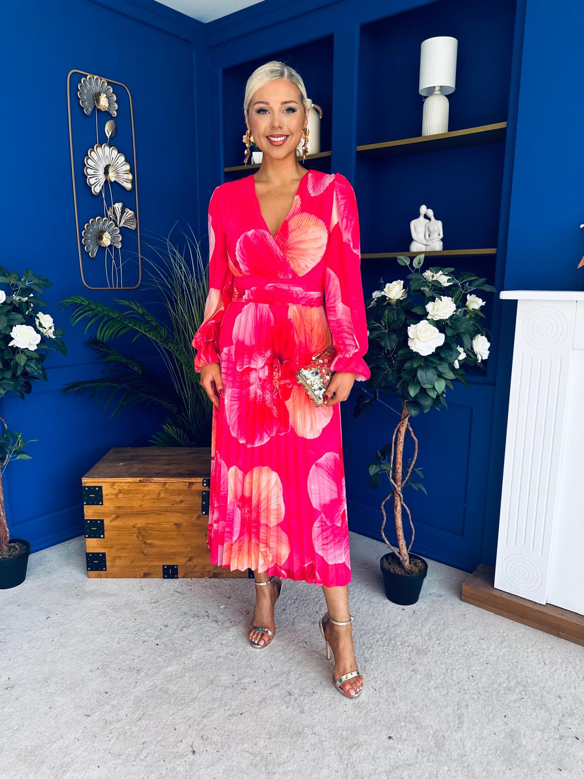 Blaithin Pleated Midi Dress Floral Coral