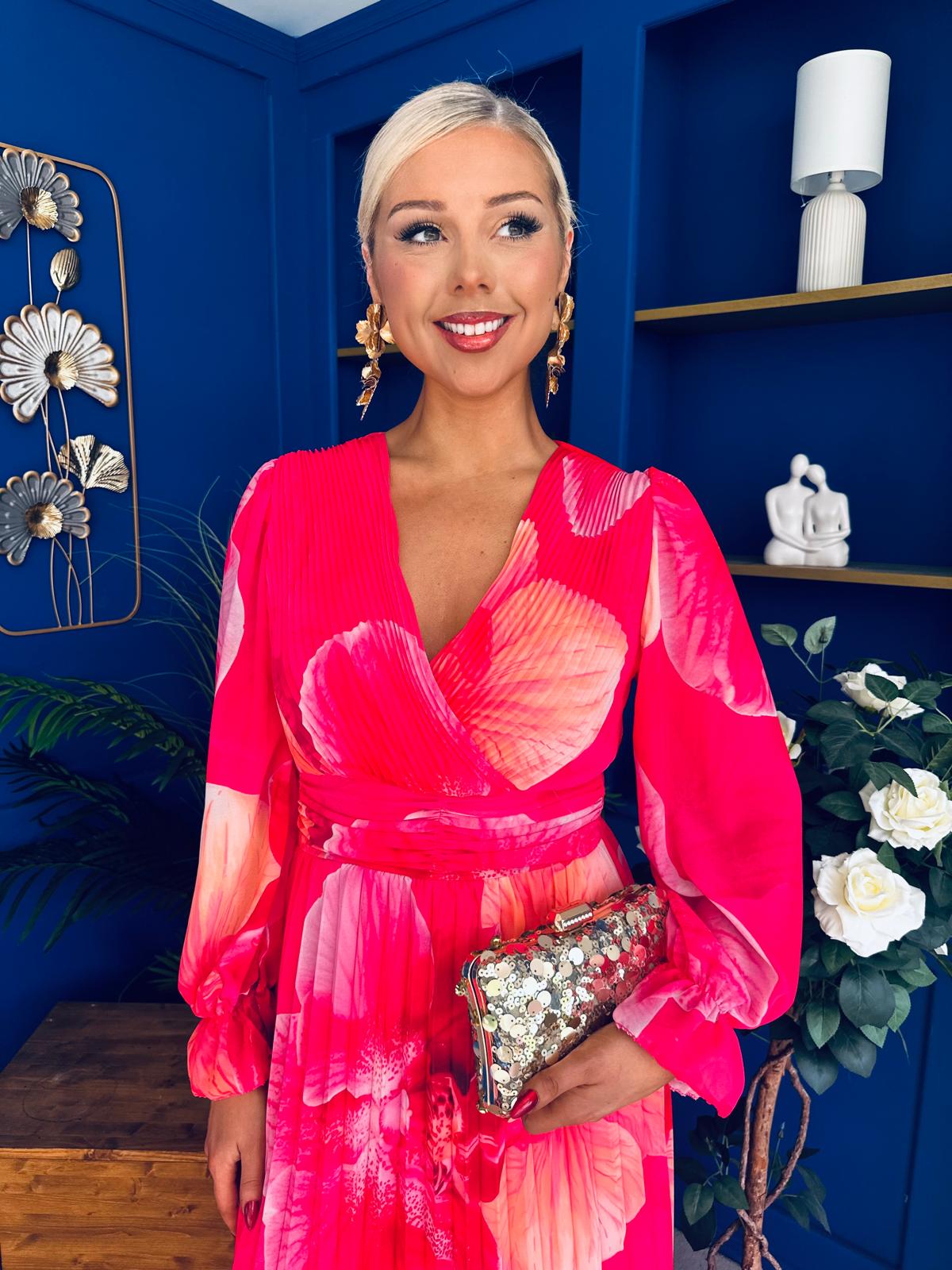 Blaithin Pleated Midi Dress Floral Coral