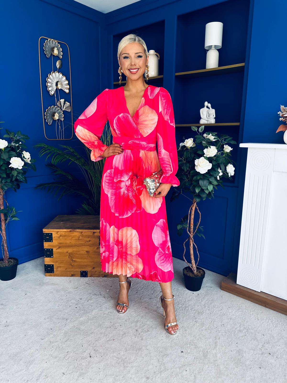 Blaithin Pleated Midi Dress Floral Coral