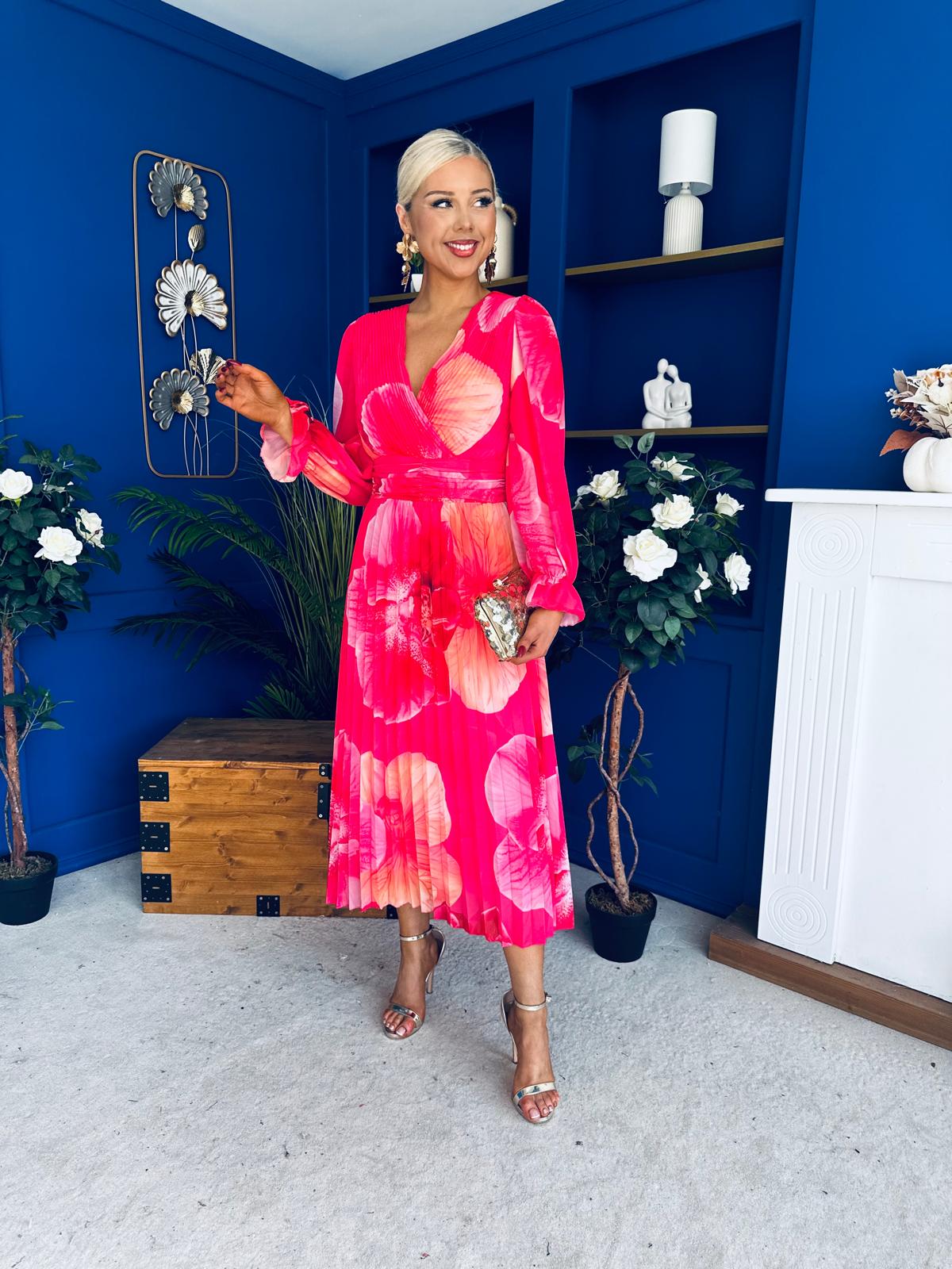 Blaithin Pleated Midi Dress Floral Coral