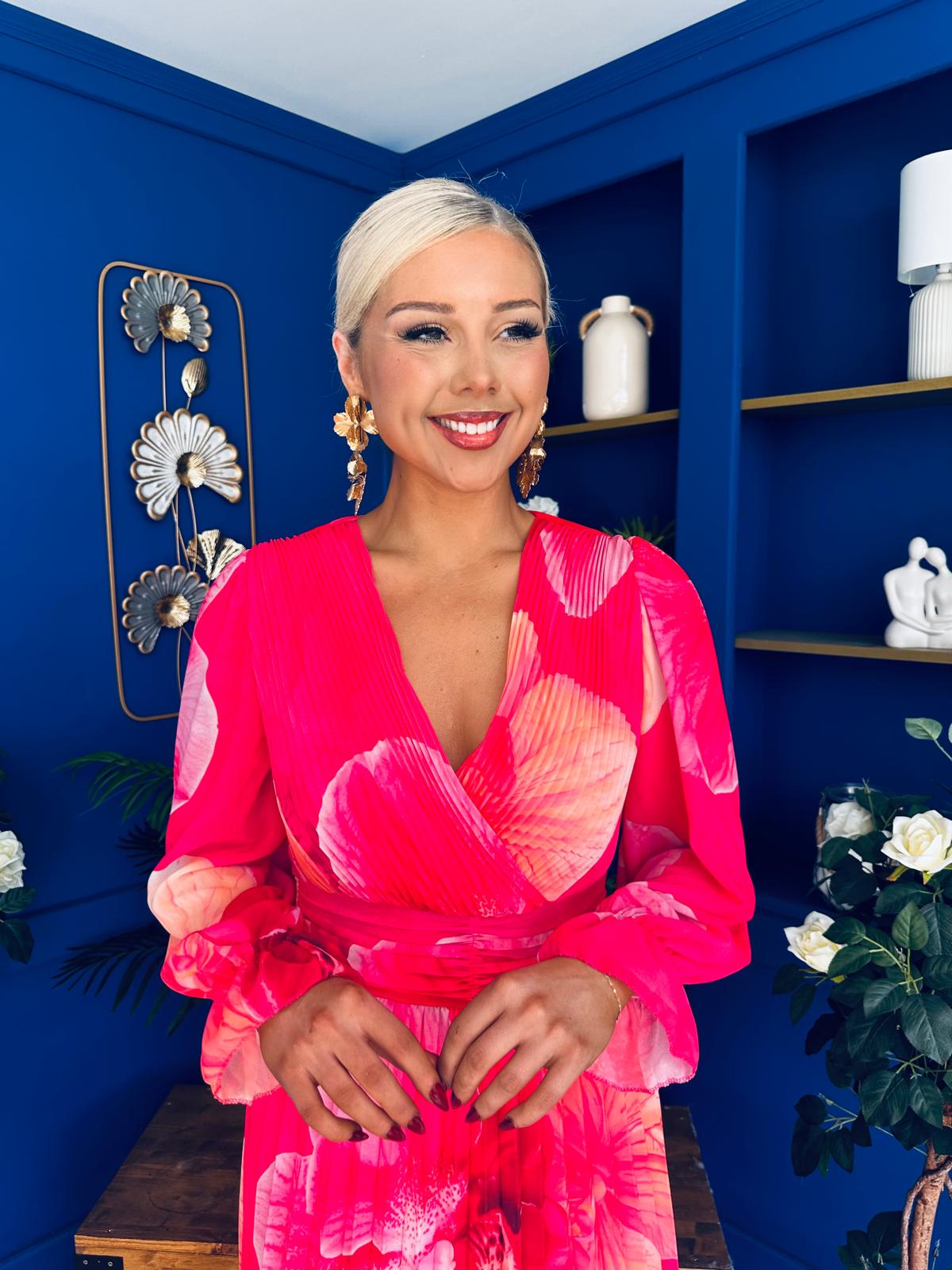 Blaithin Pleated Midi Dress Floral Coral