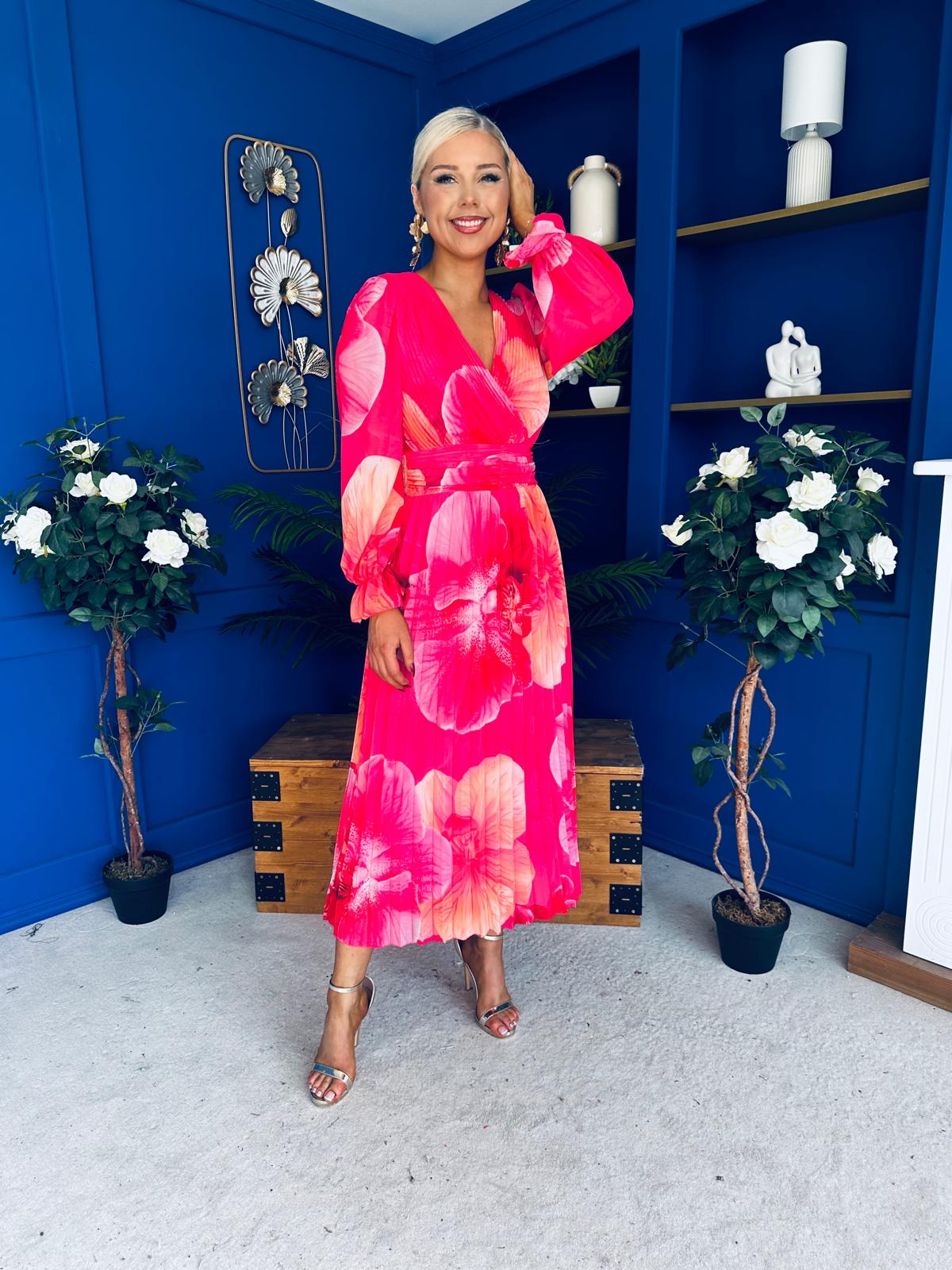 Blaithin Pleated Midi Dress Floral Coral