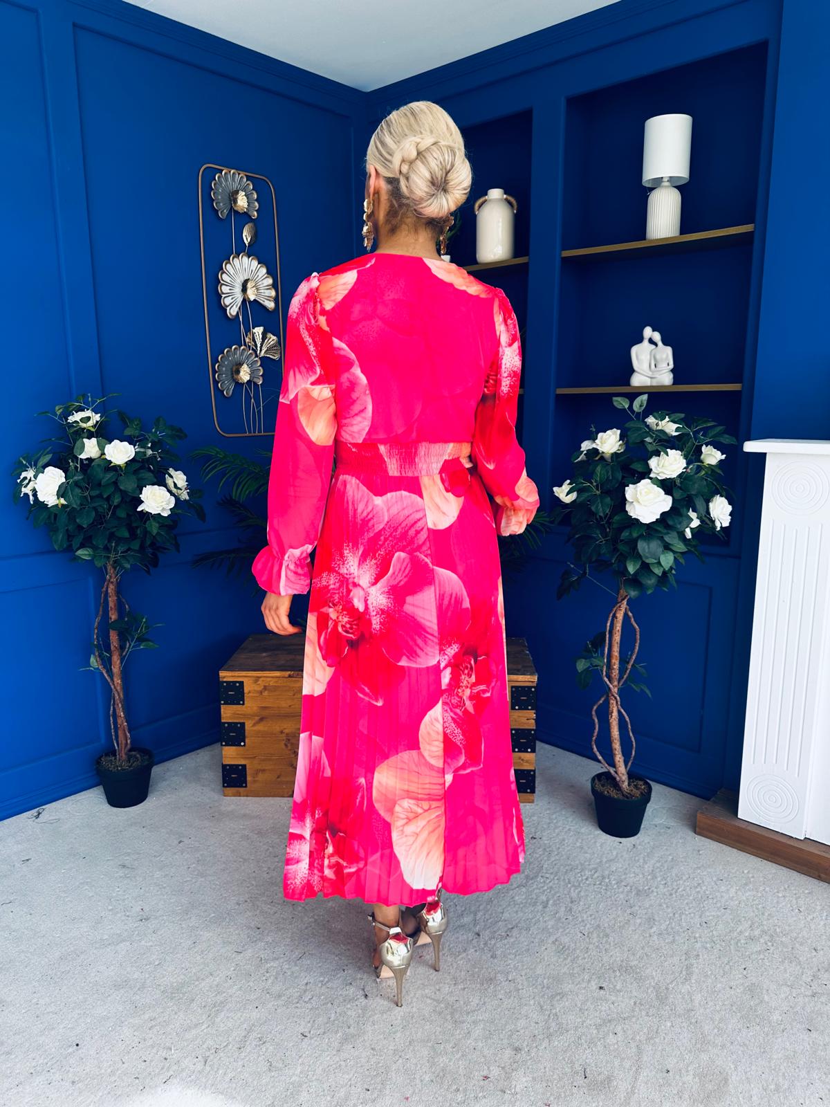 Blaithin Pleated Midi Dress Floral Coral