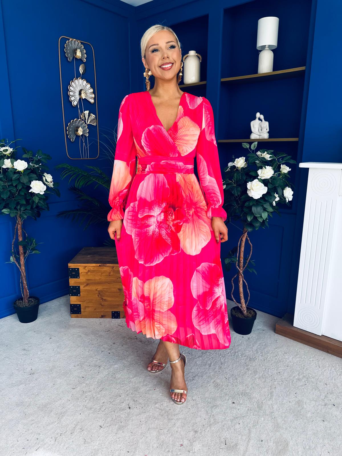 Blaithin Pleated Midi Dress Floral Coral