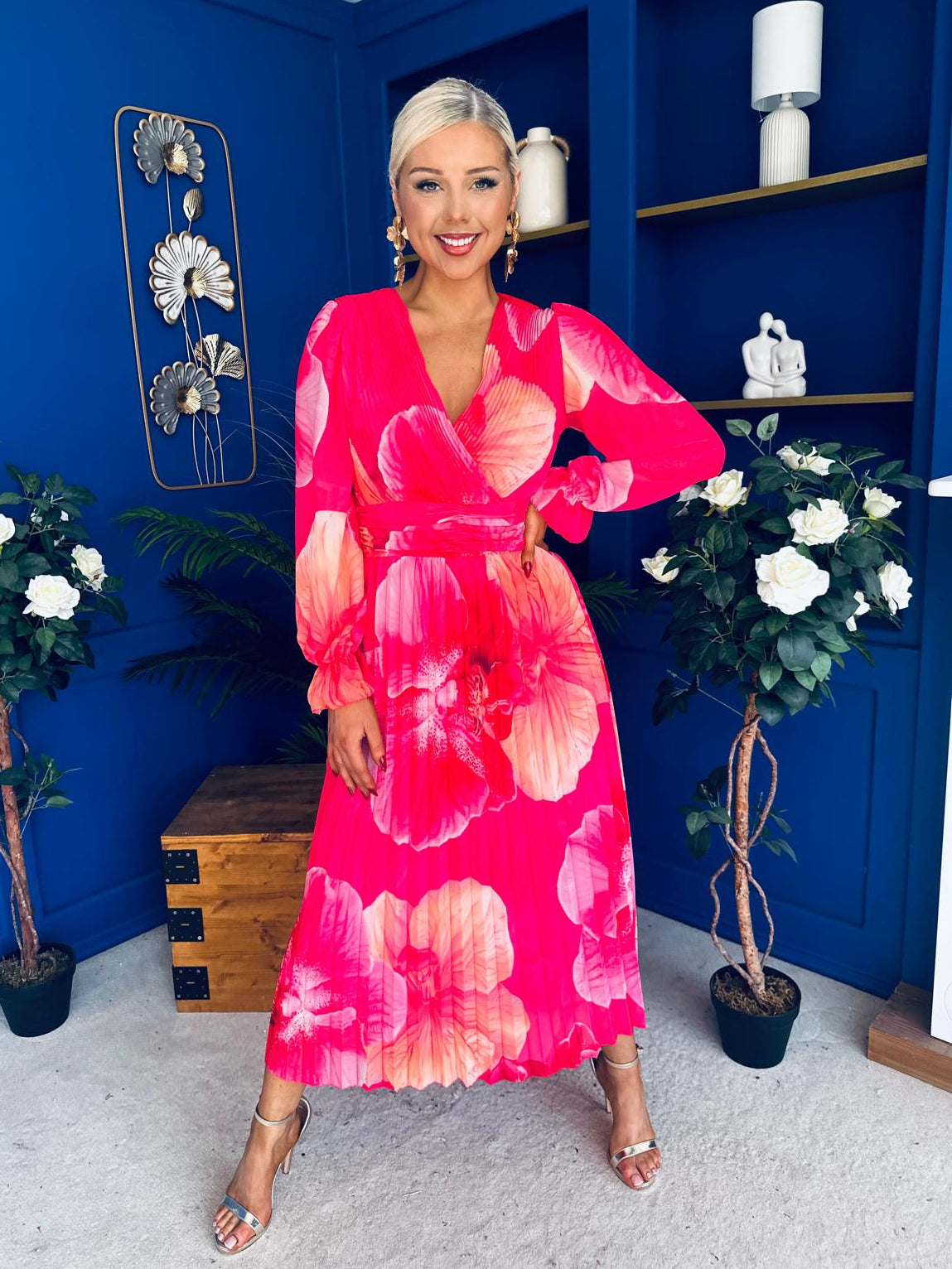 Blaithin Pleated Midi Dress Floral Coral