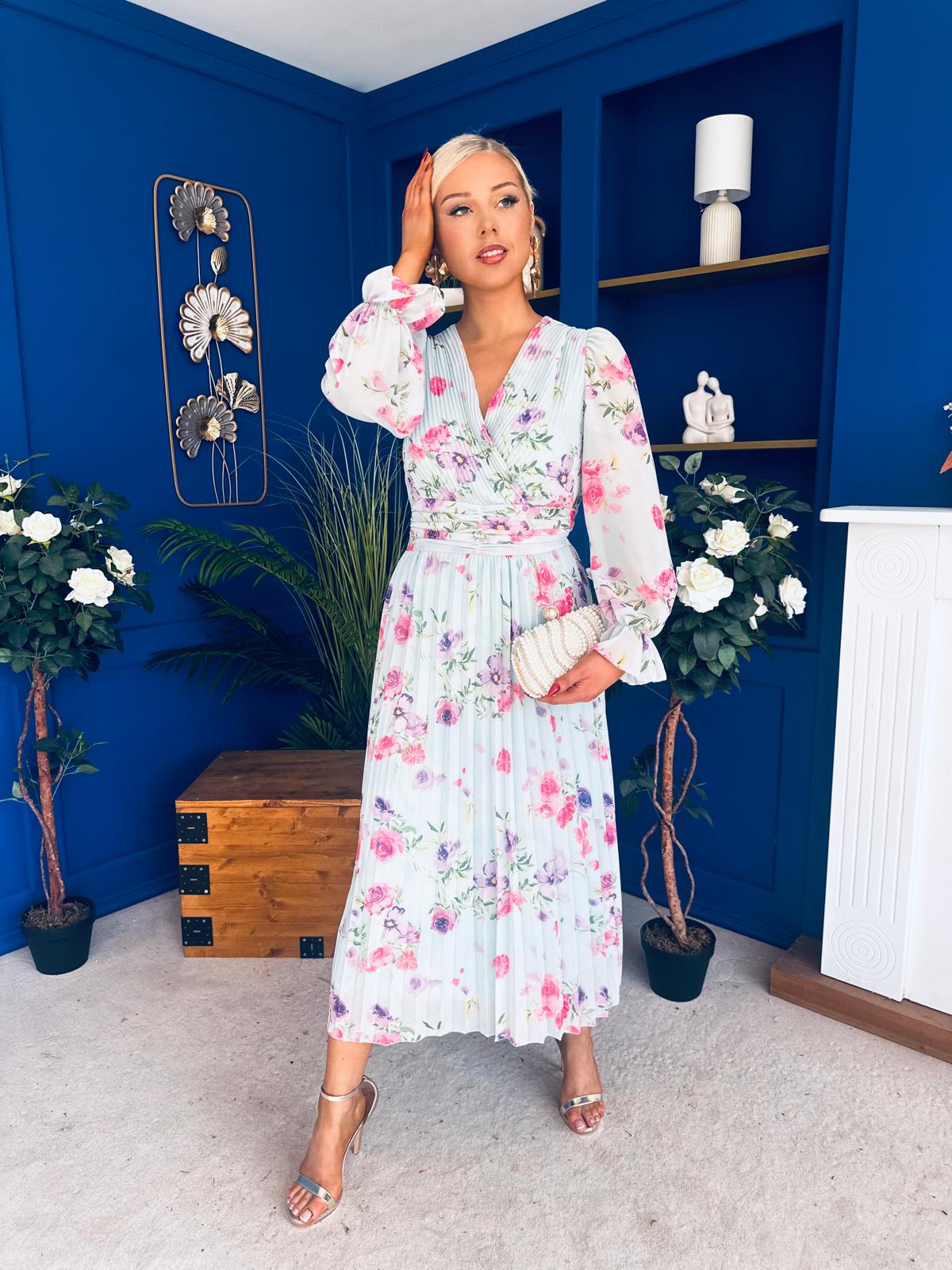 Blaithin Pleated Midi Dress Floral Mint