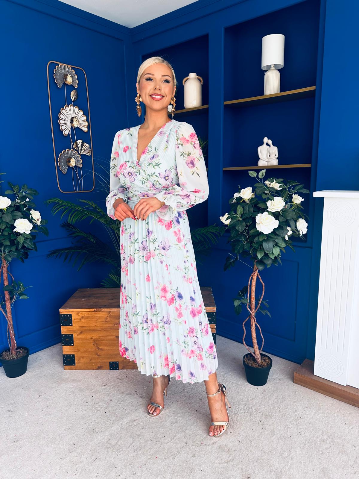 Blaithin Pleated Midi Dress Floral Mint