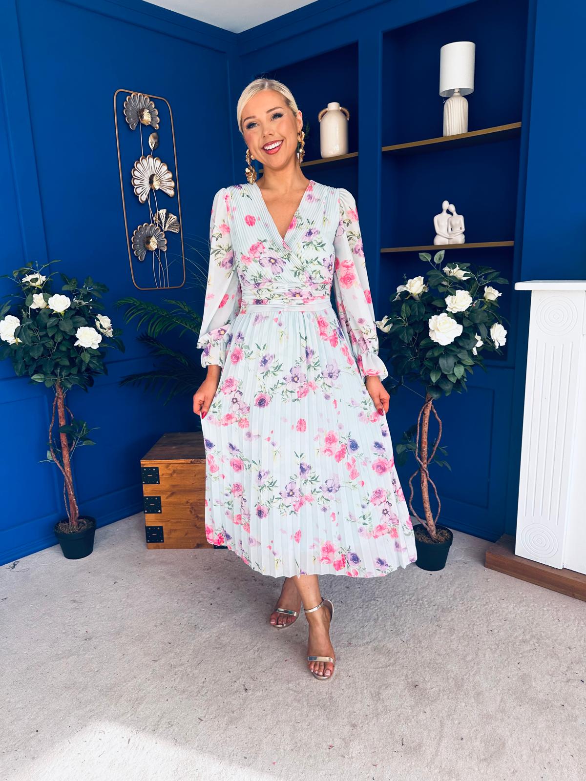 Blaithin Pleated Midi Dress Floral Mint