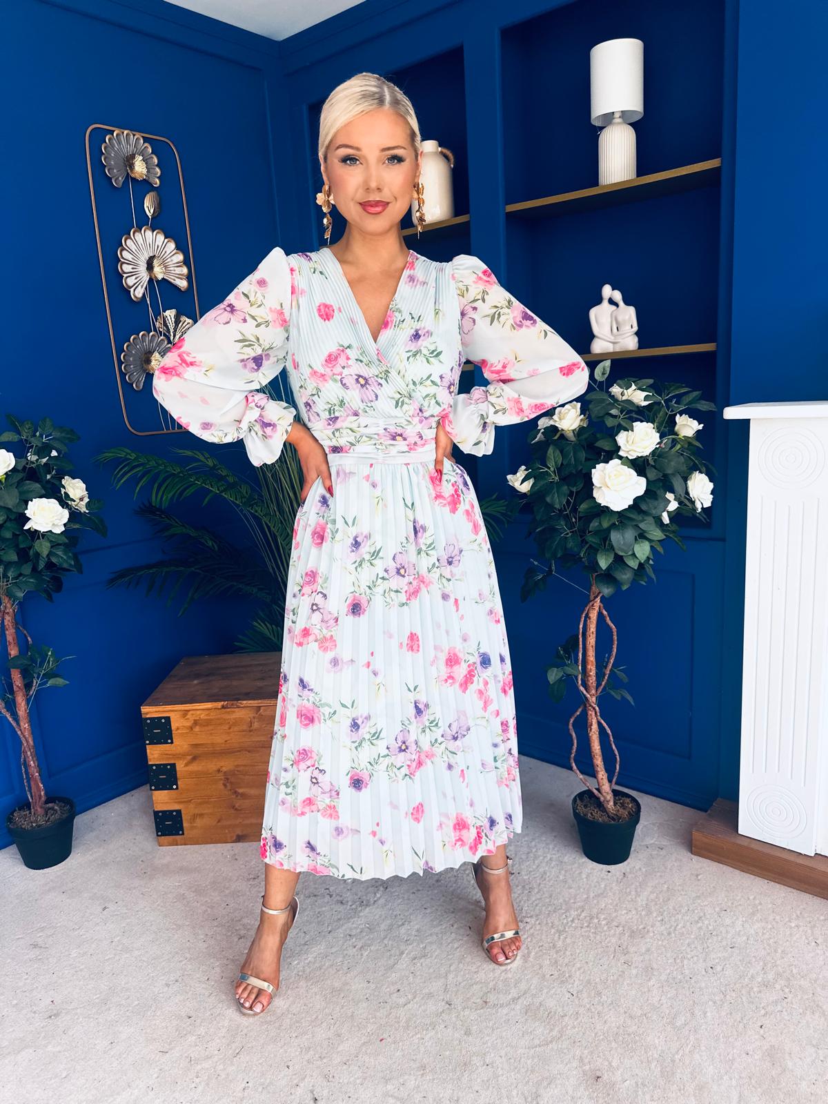 Blaithin Pleated Midi Dress Floral Mint