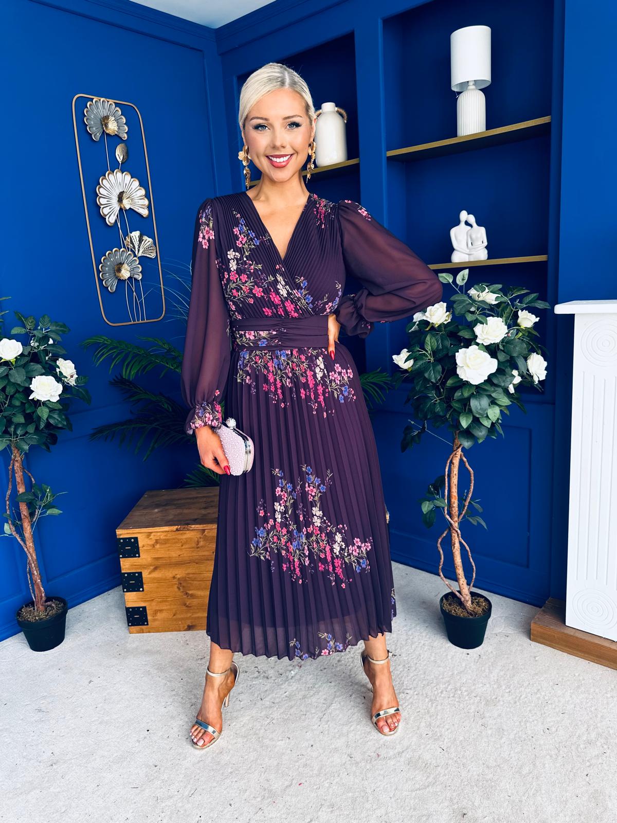 Blaithin Pleated Midi Dress Floral Purple