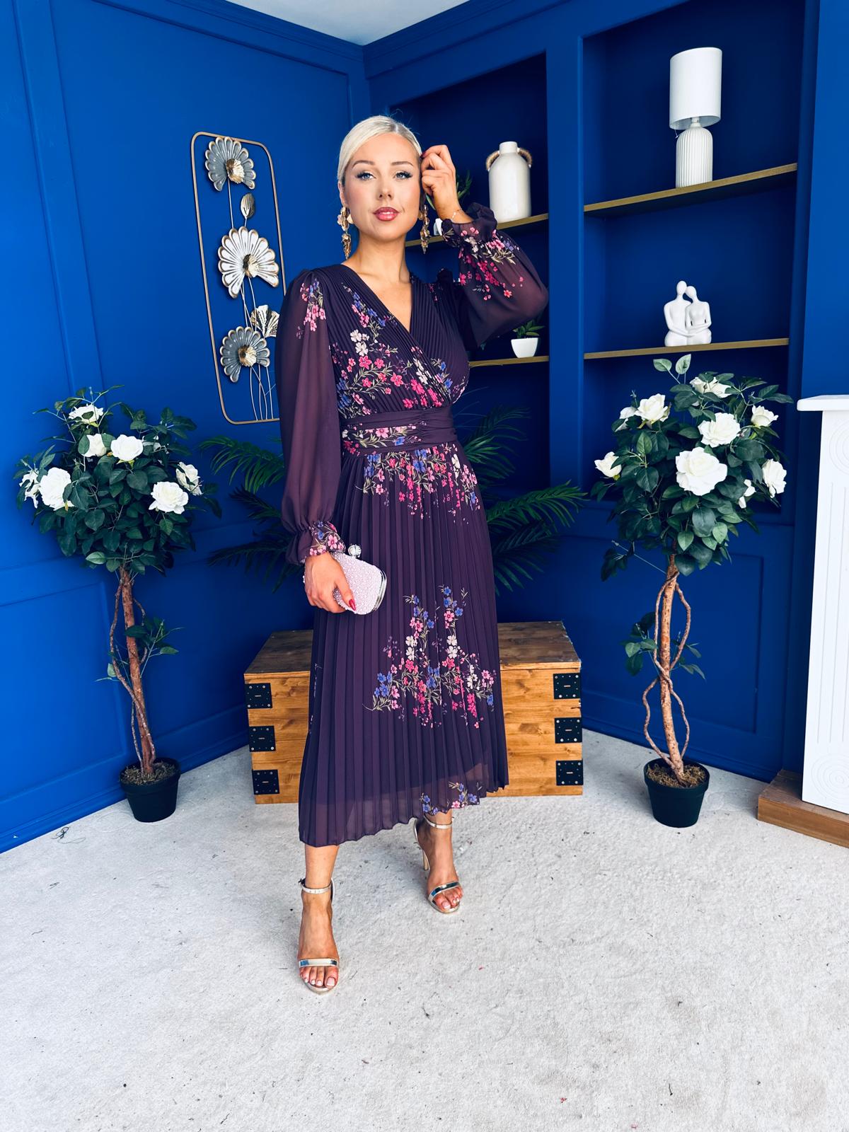 Blaithin Pleated Midi Dress Floral Purple