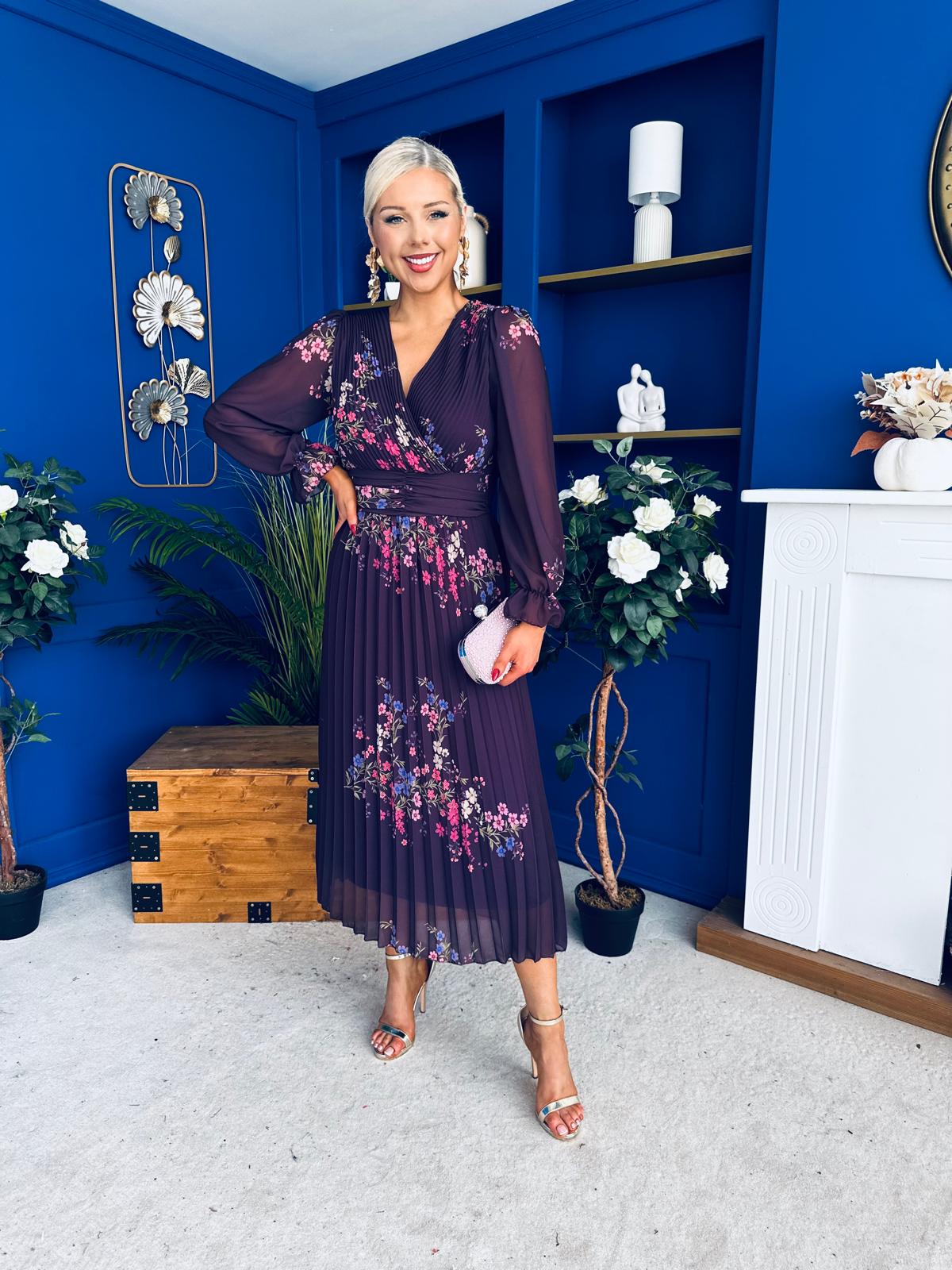 Blaithin Pleated Midi Dress Floral Purple