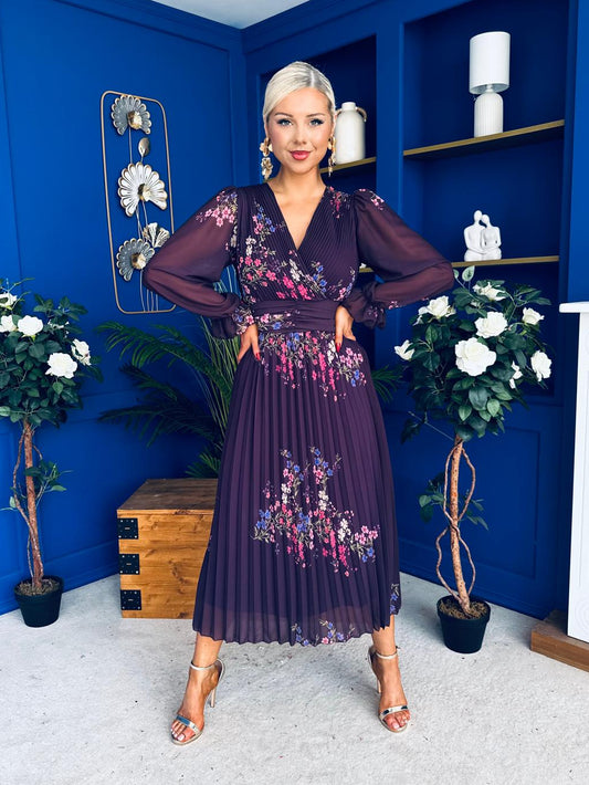 Blaithin Pleated Midi Dress Floral Purple
