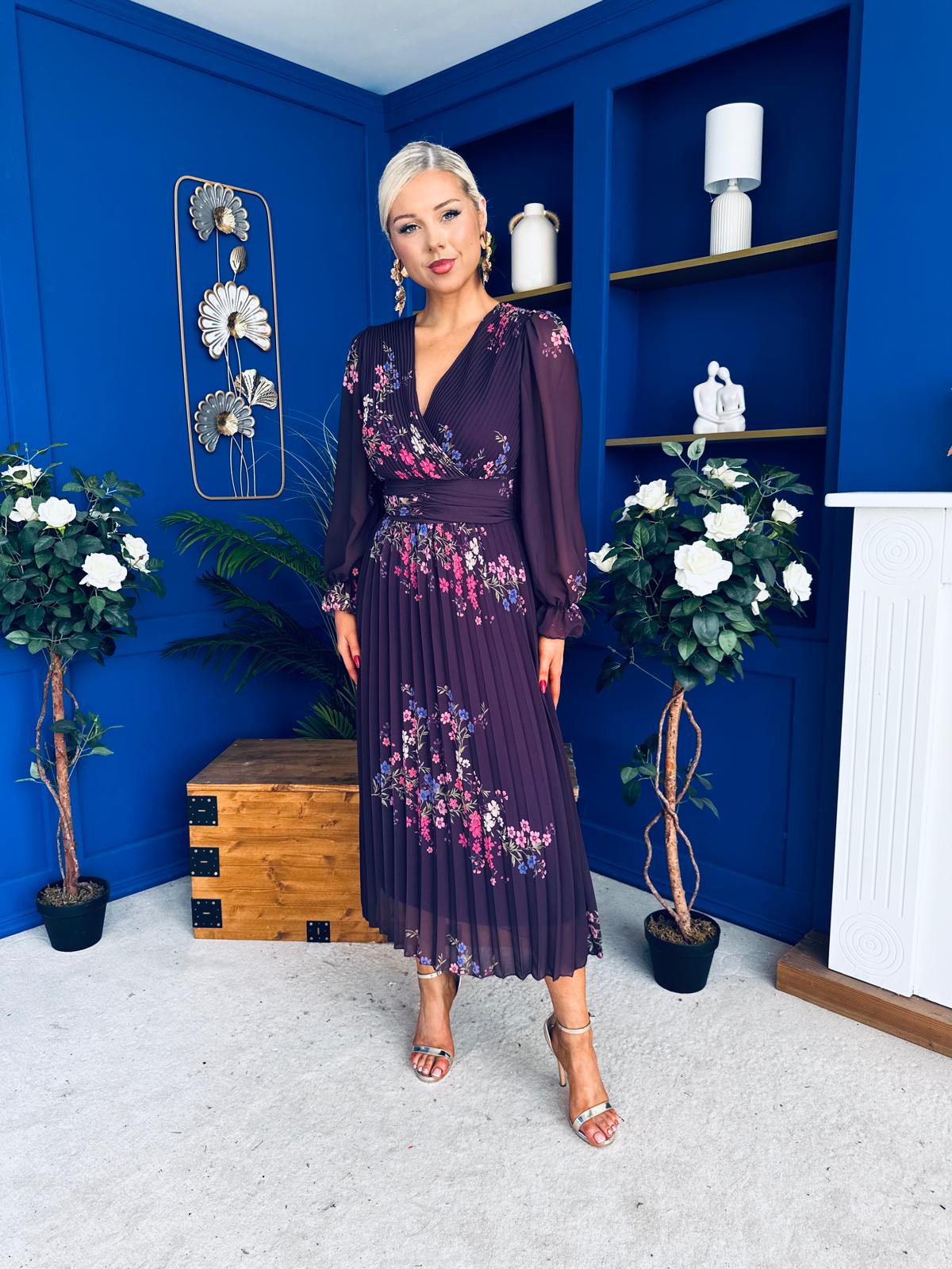 Blaithin Pleated Midi Dress Floral Purple