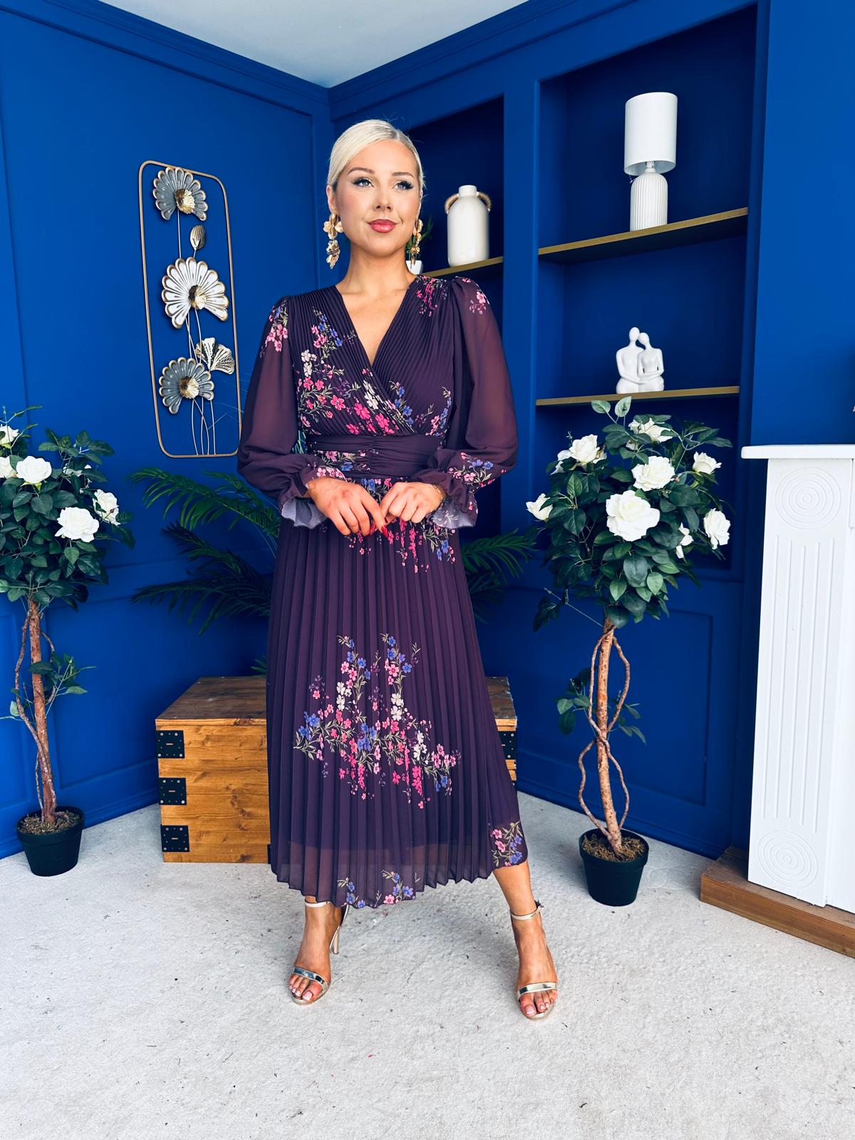 Blaithin Pleated Midi Dress Floral Purple