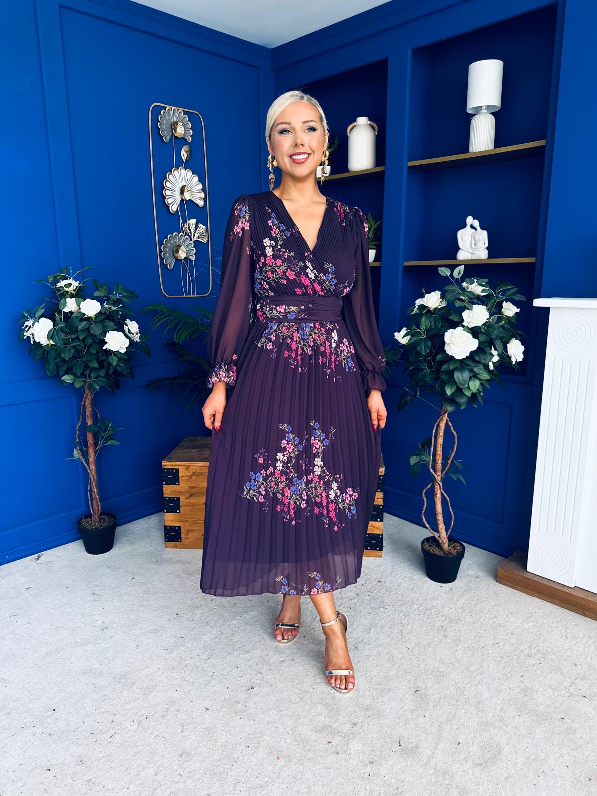 Blaithin Pleated Midi Dress Floral Purple