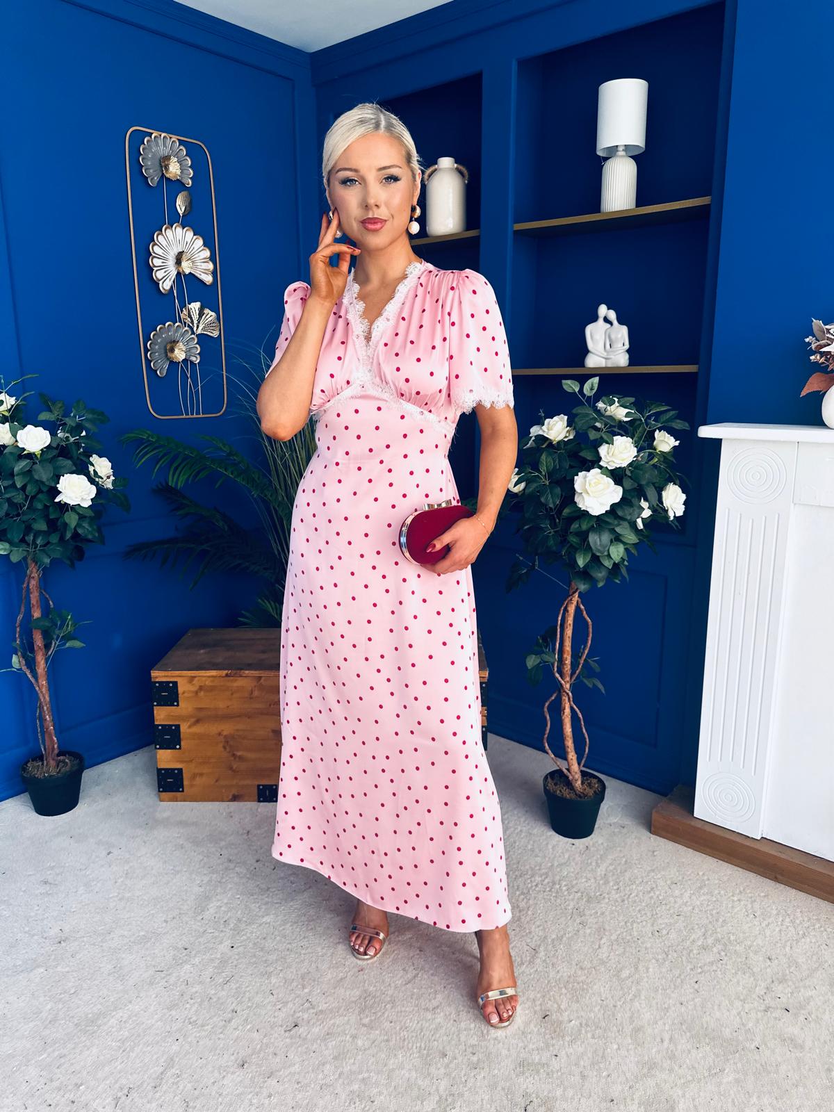 Cheryl Lace Detail Satin Dress Pink