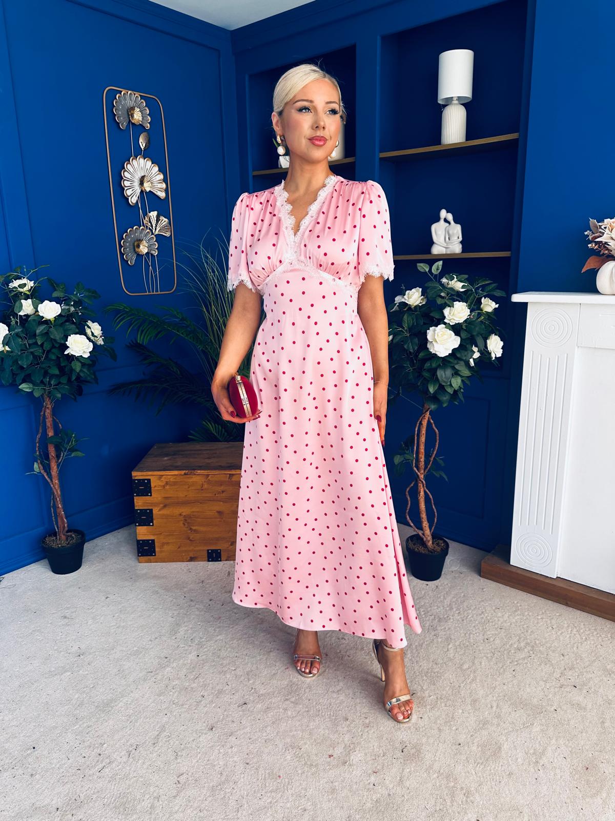 Cheryl Lace Detail Satin Dress Pink