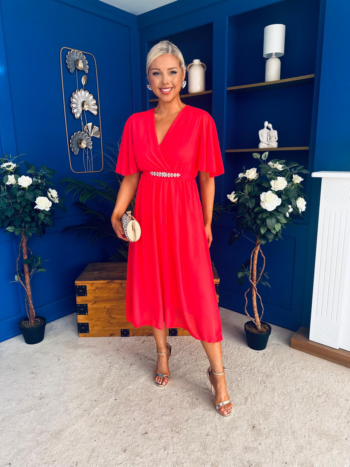 Darcy Embellished Belt Midi Dress Coral