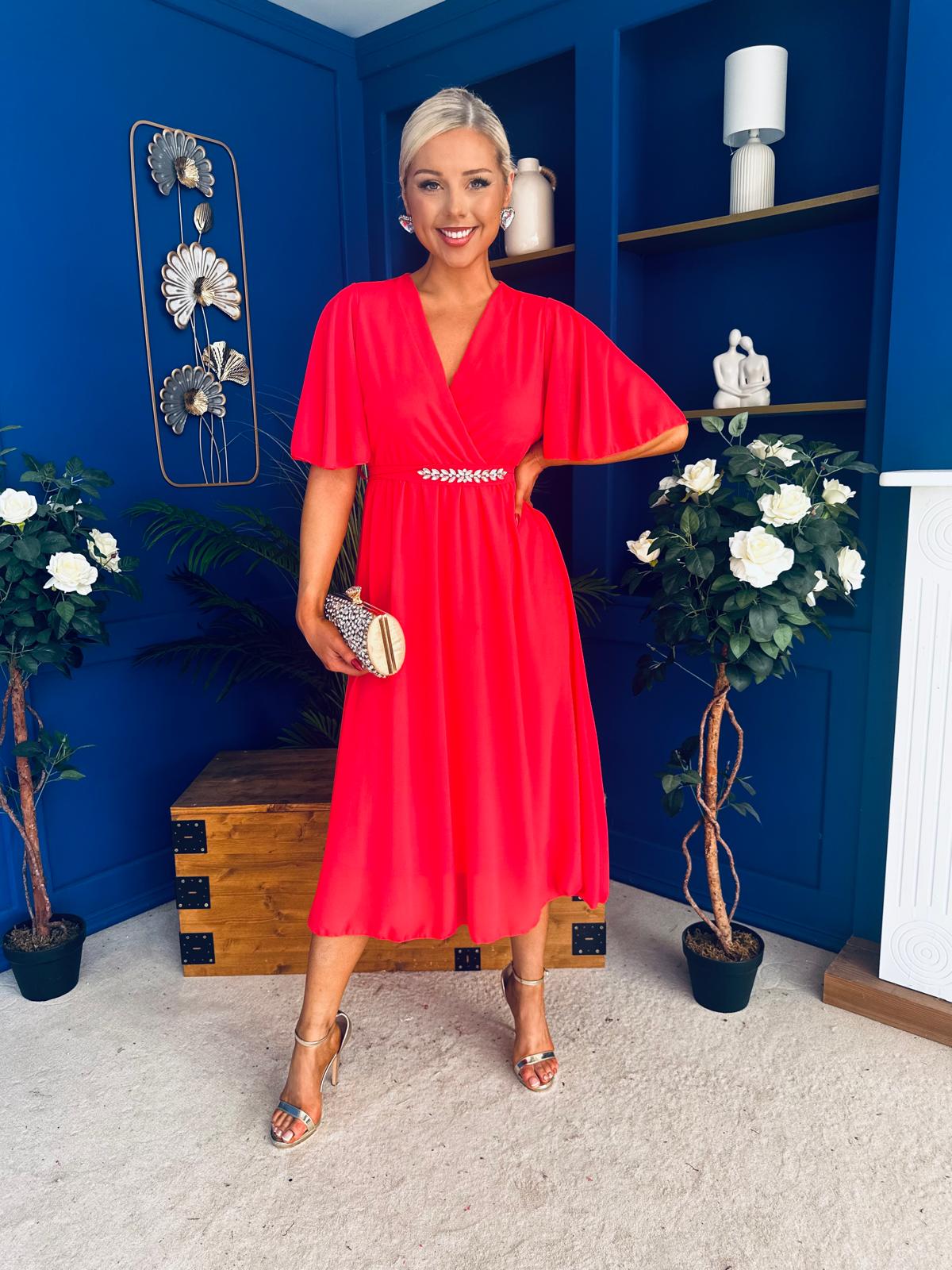 Darcy Embellished Belt Midi Dress Coral