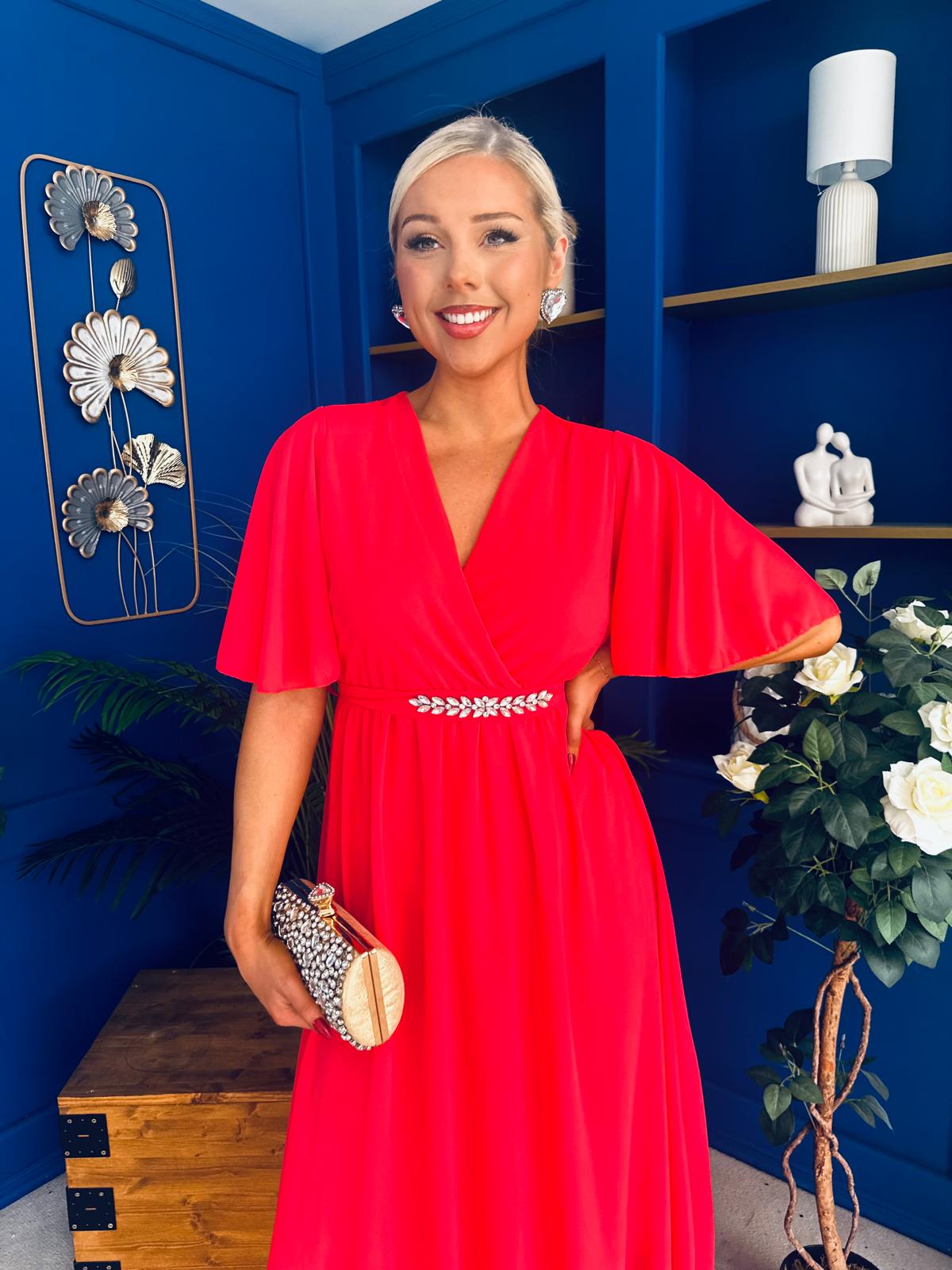 Darcy Embellished Belt Midi Dress Coral