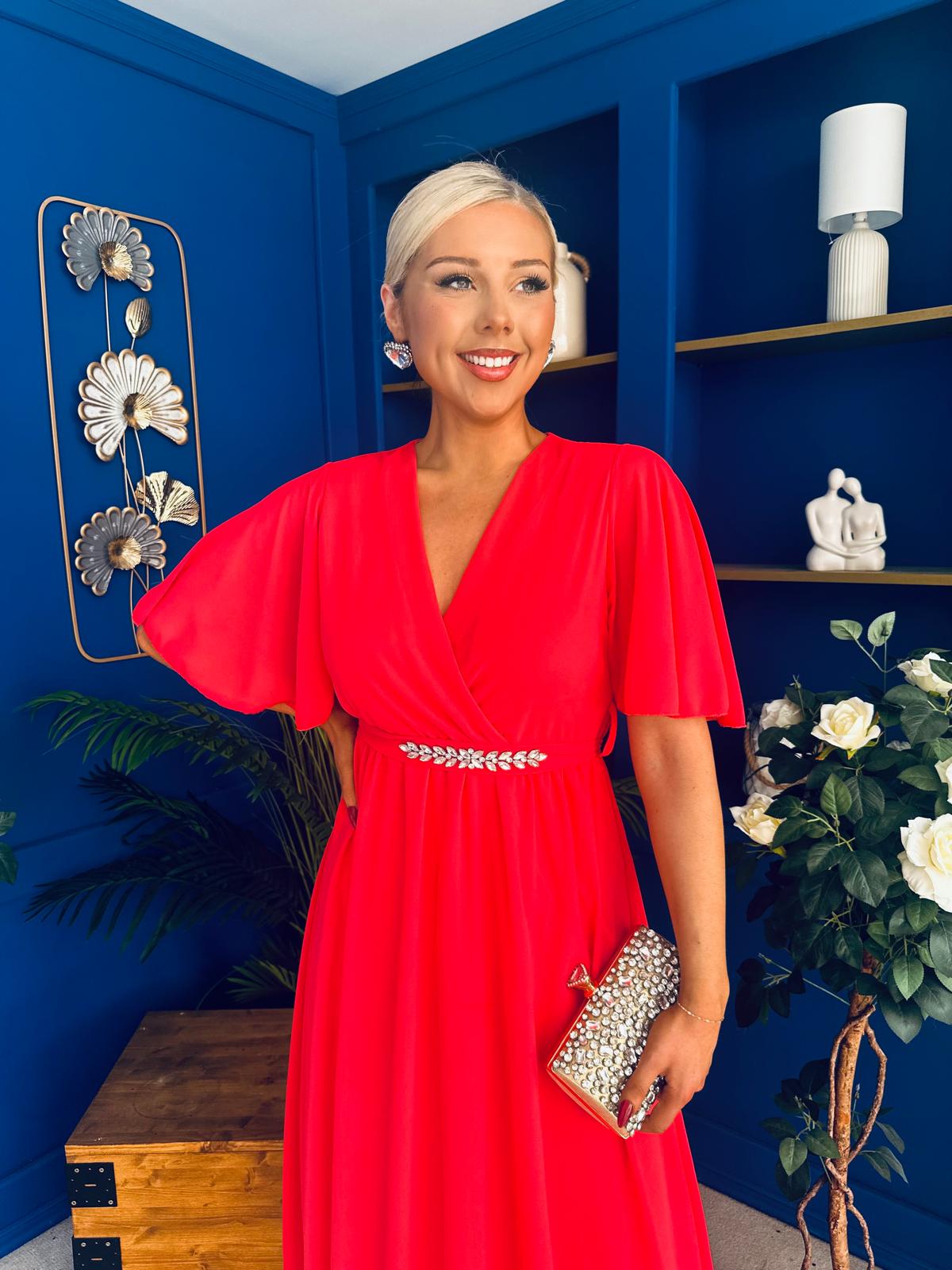 Darcy Embellished Belt Midi Dress Coral