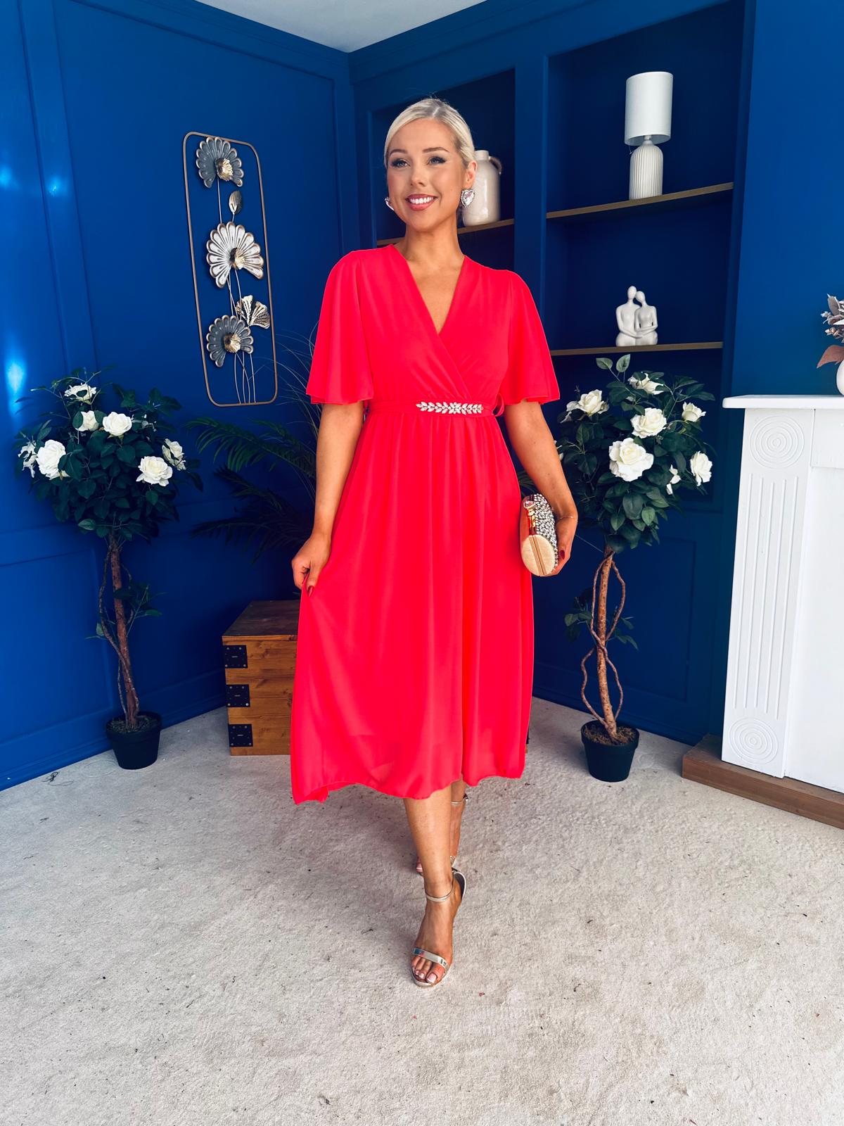 Darcy Embellished Belt Midi Dress Coral