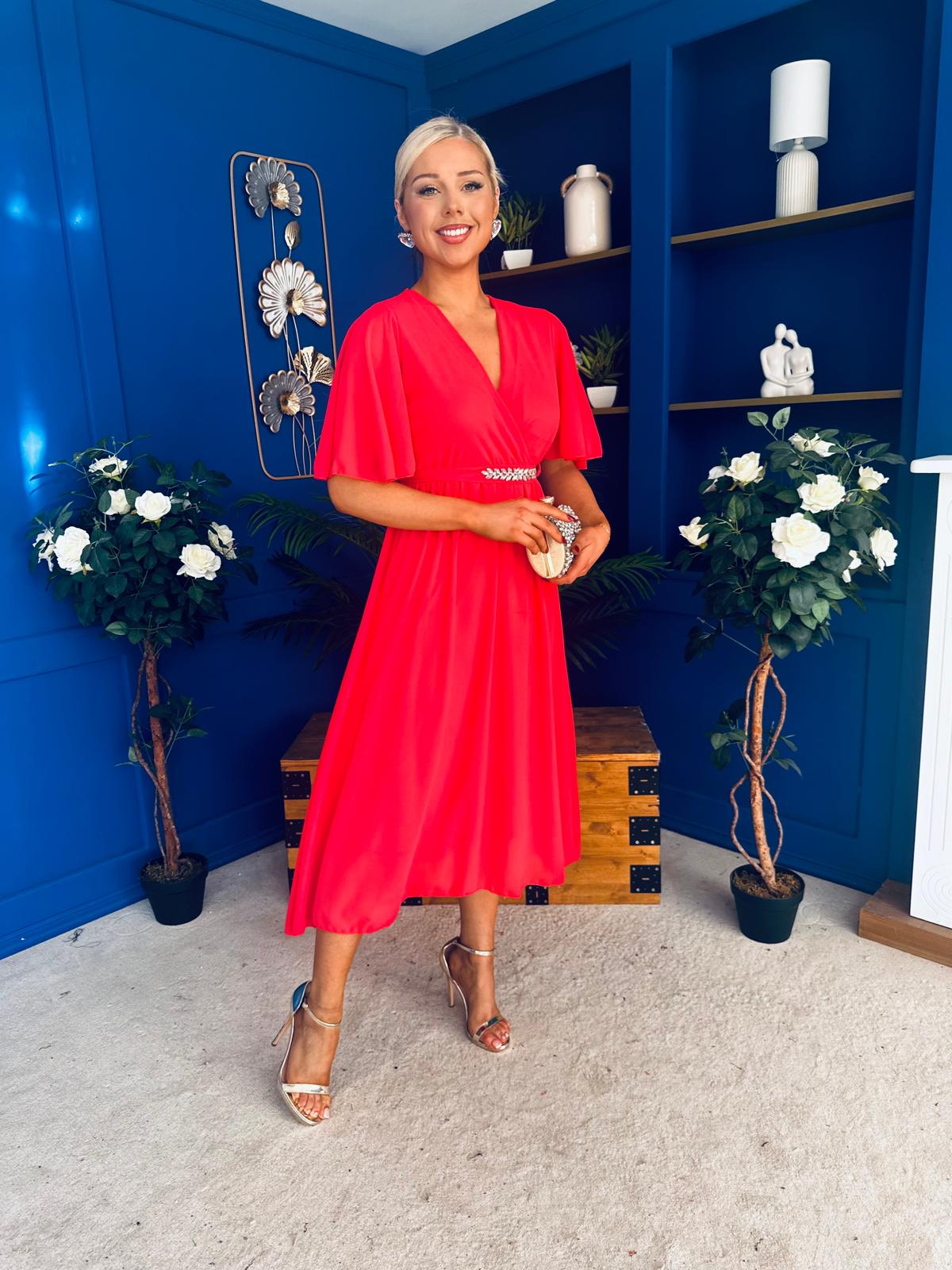 Darcy Embellished Belt Midi Dress Coral