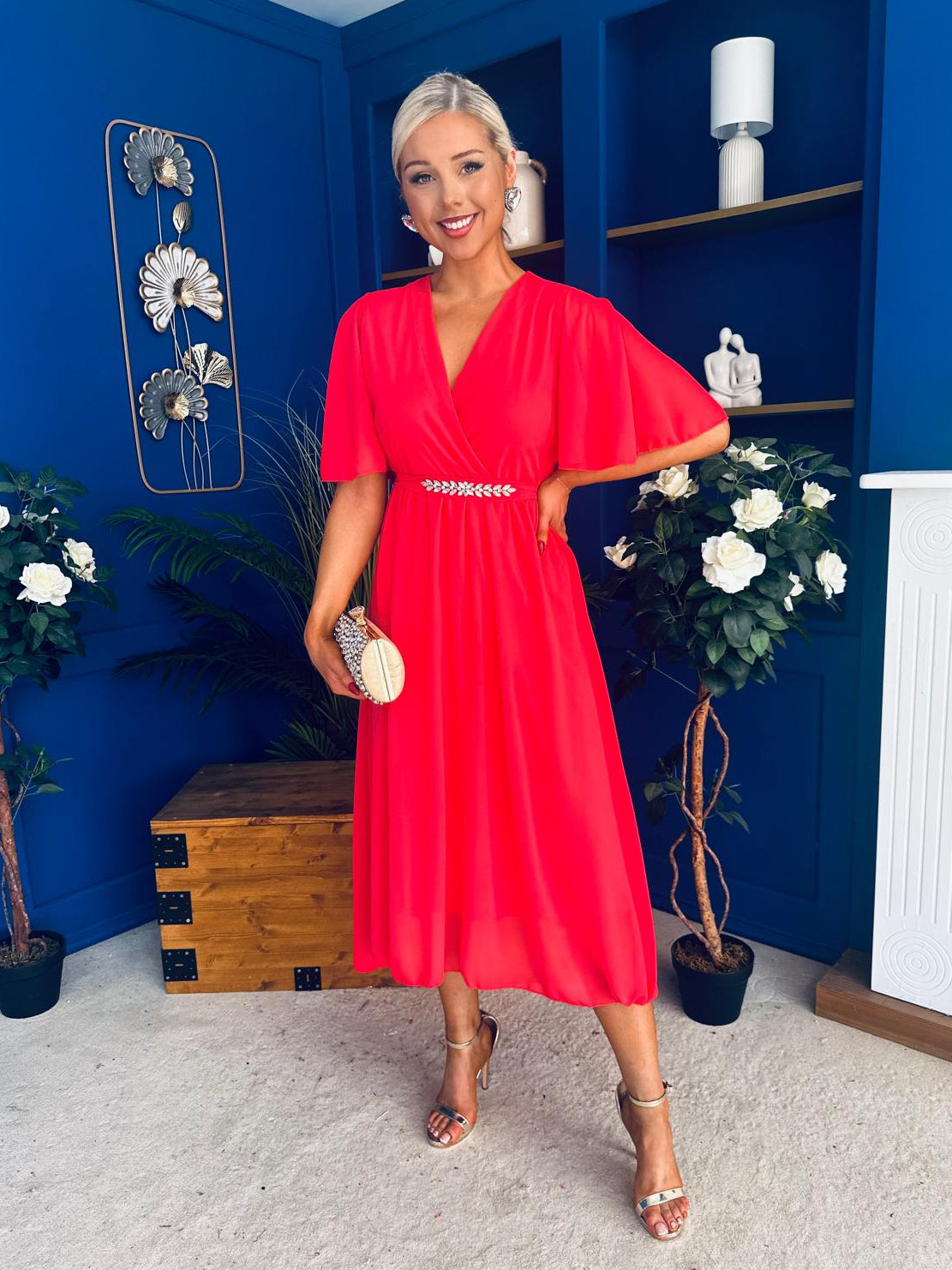 Darcy Embellished Belt Midi Dress Coral