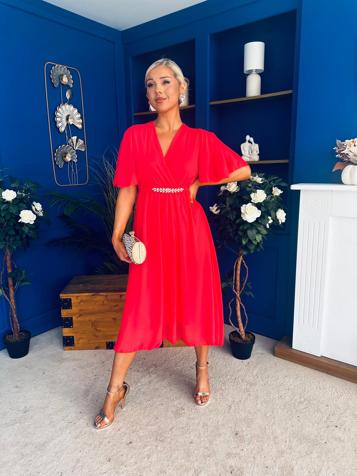 Darcy Embellished Belt Midi Dress Coral