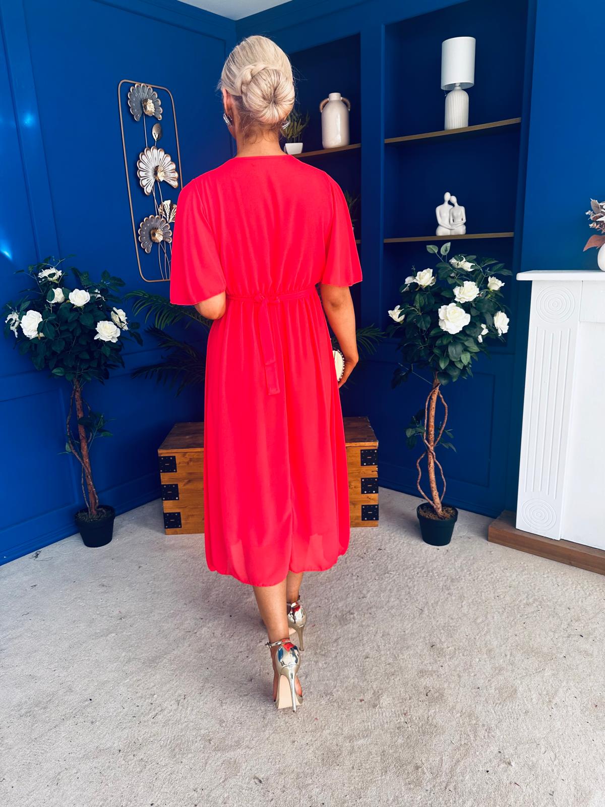 Darcy Embellished Belt Midi Dress Coral