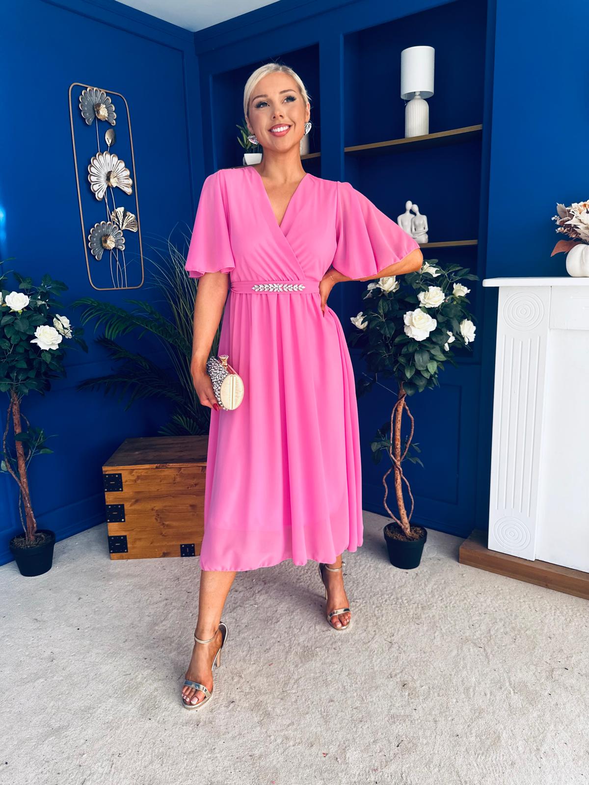 Darcy Embellished Belt Midi Dress Cerise