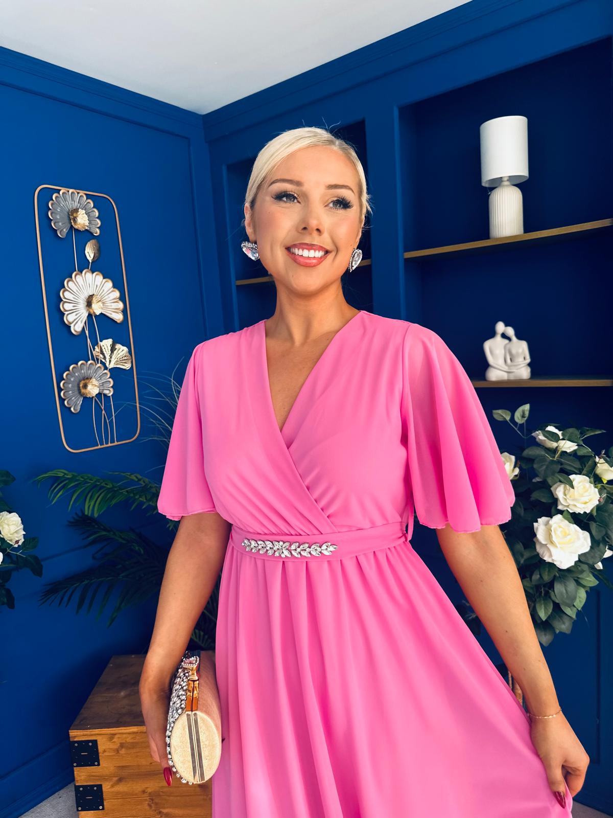 Darcy Embellished Belt Midi Dress Cerise