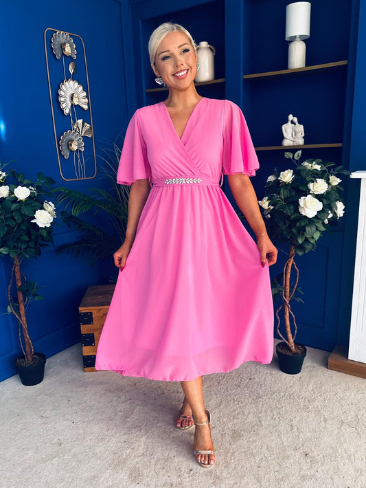 Darcy Embellished Belt Midi Dress Cerise