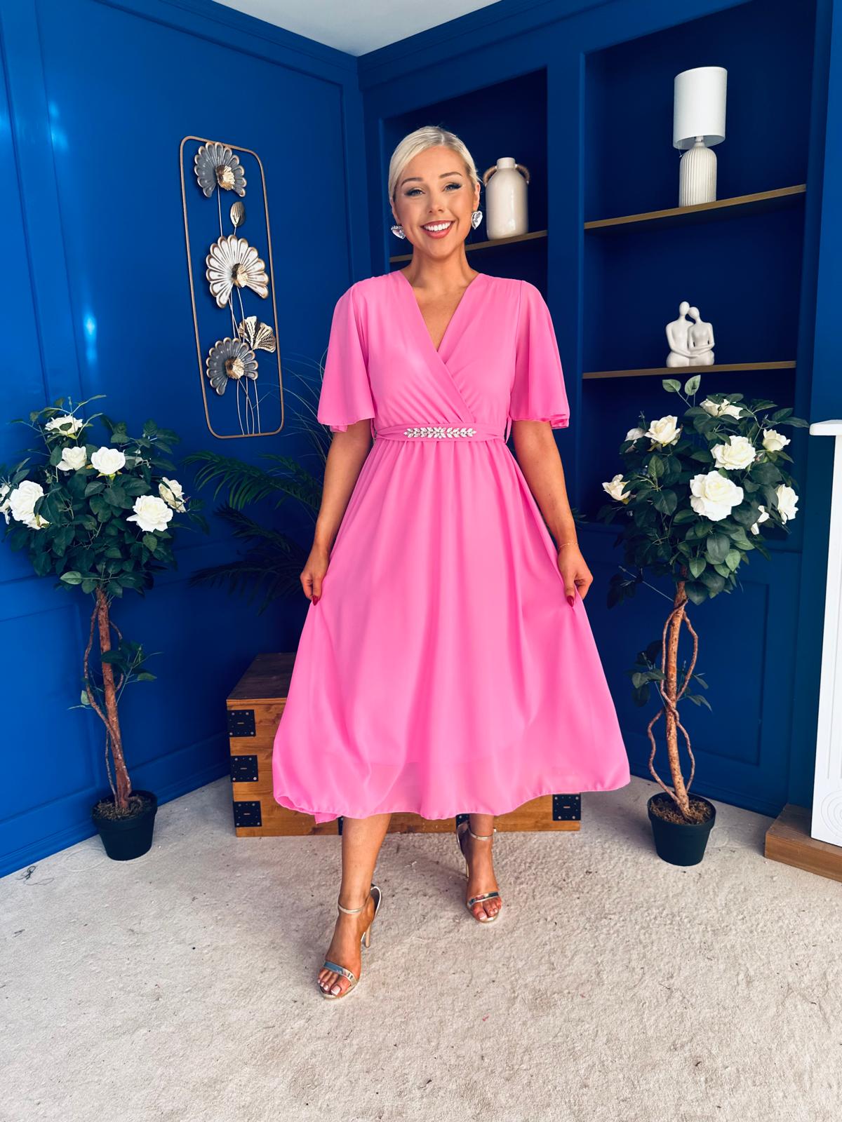 Darcy Embellished Belt Midi Dress Cerise