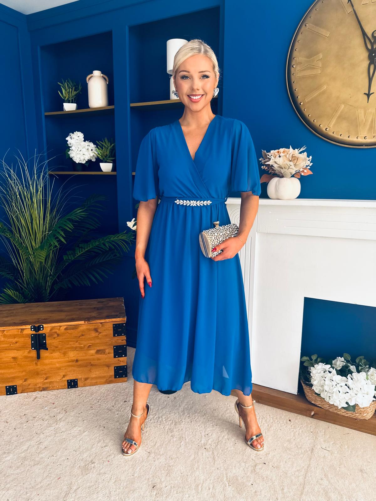 Darcy Embellished Belt Midi Dress Cobalt