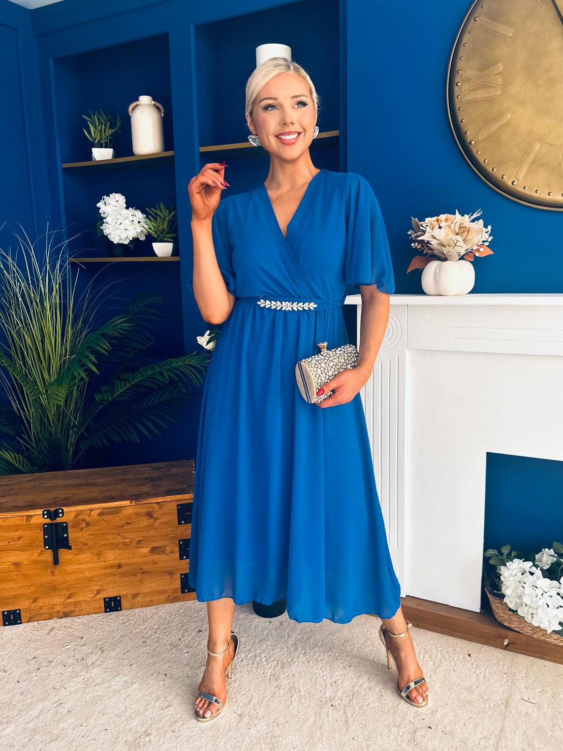 Darcy Embellished Belt Midi Dress Cobalt