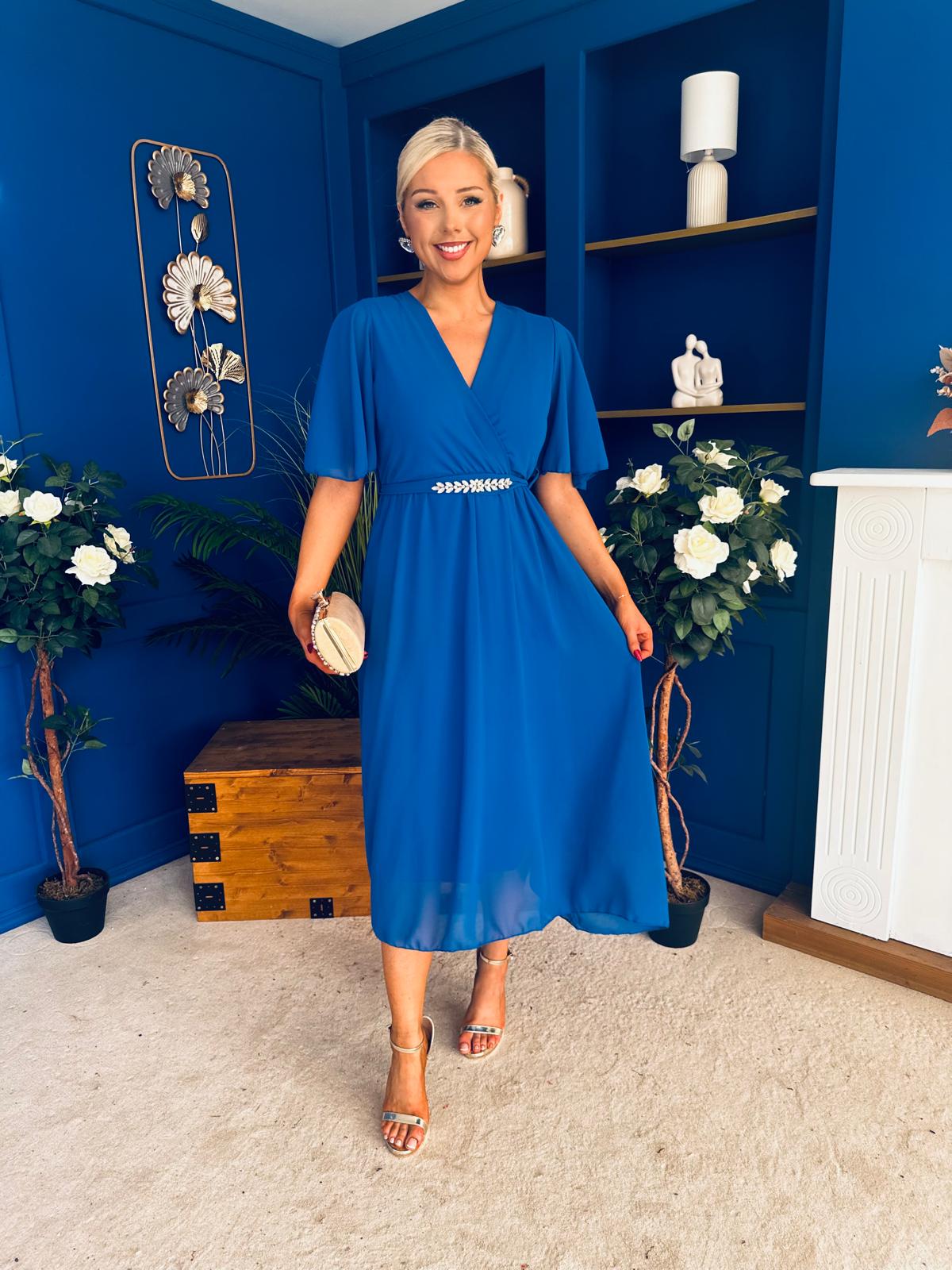 Darcy Embellished Belt Midi Dress Cobalt