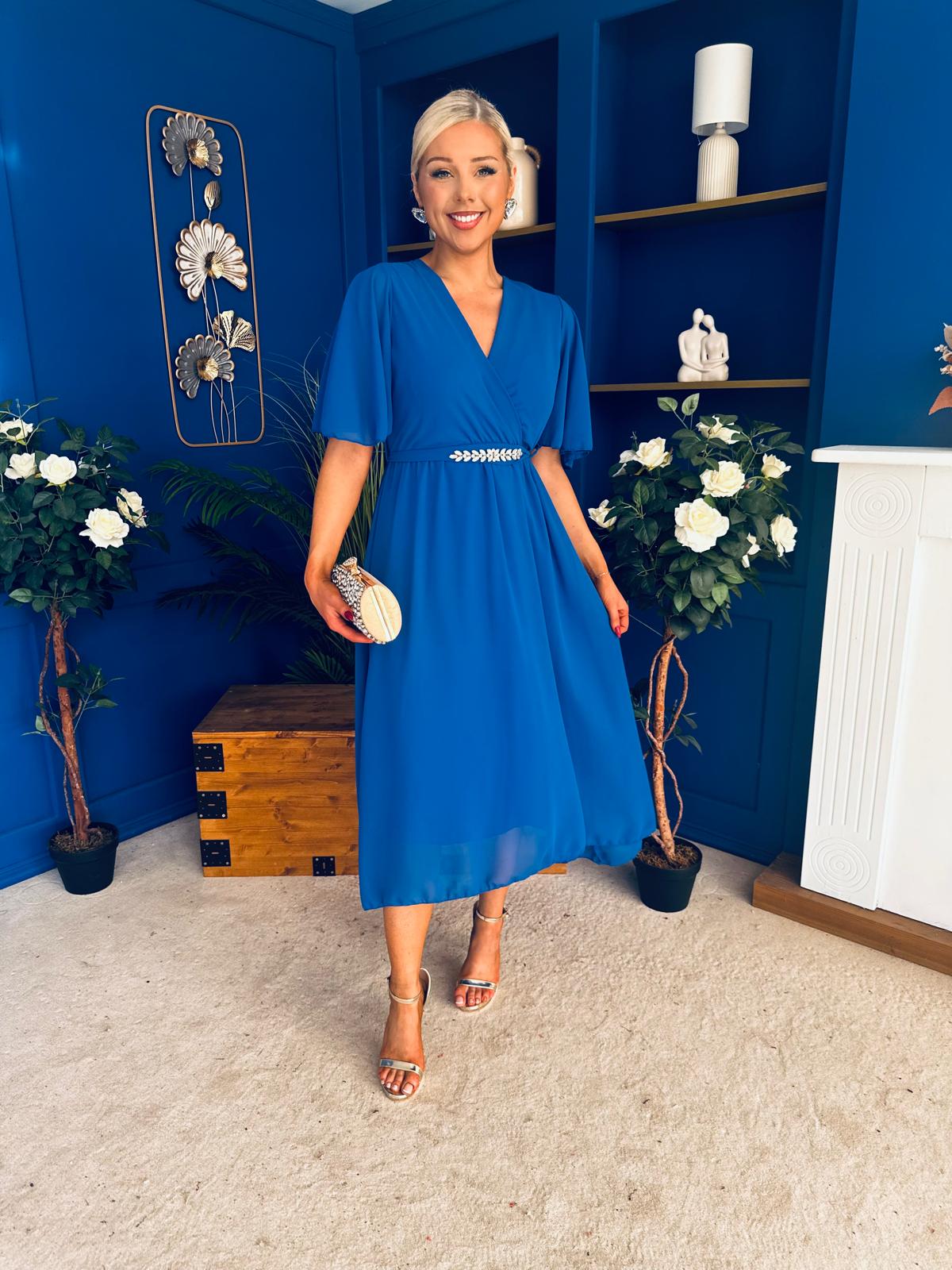 Darcy Embellished Belt Midi Dress Cobalt