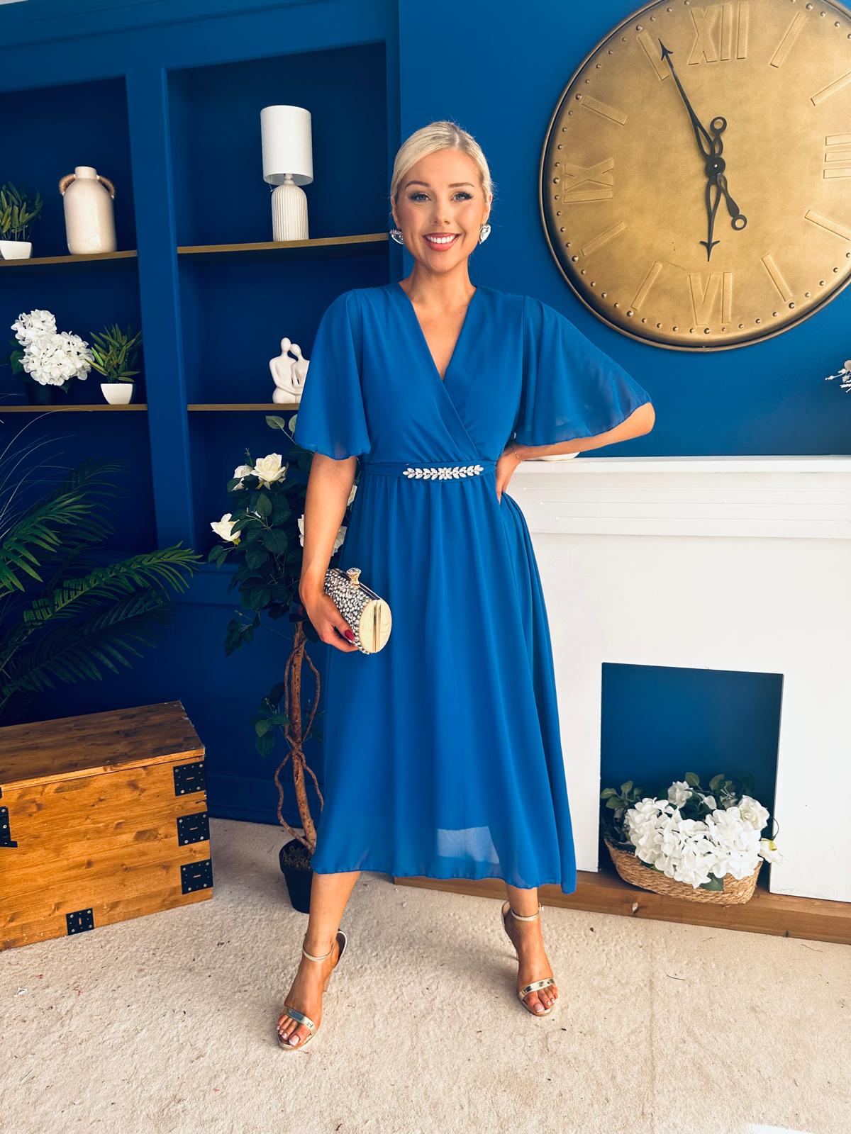 Darcy Embellished Belt Midi Dress Cobalt