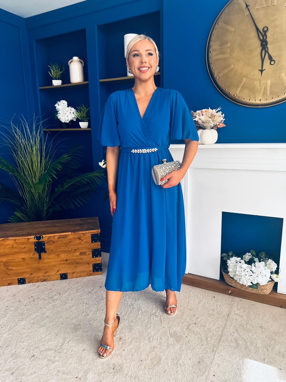 Darcy Embellished Belt Midi Dress Cobalt