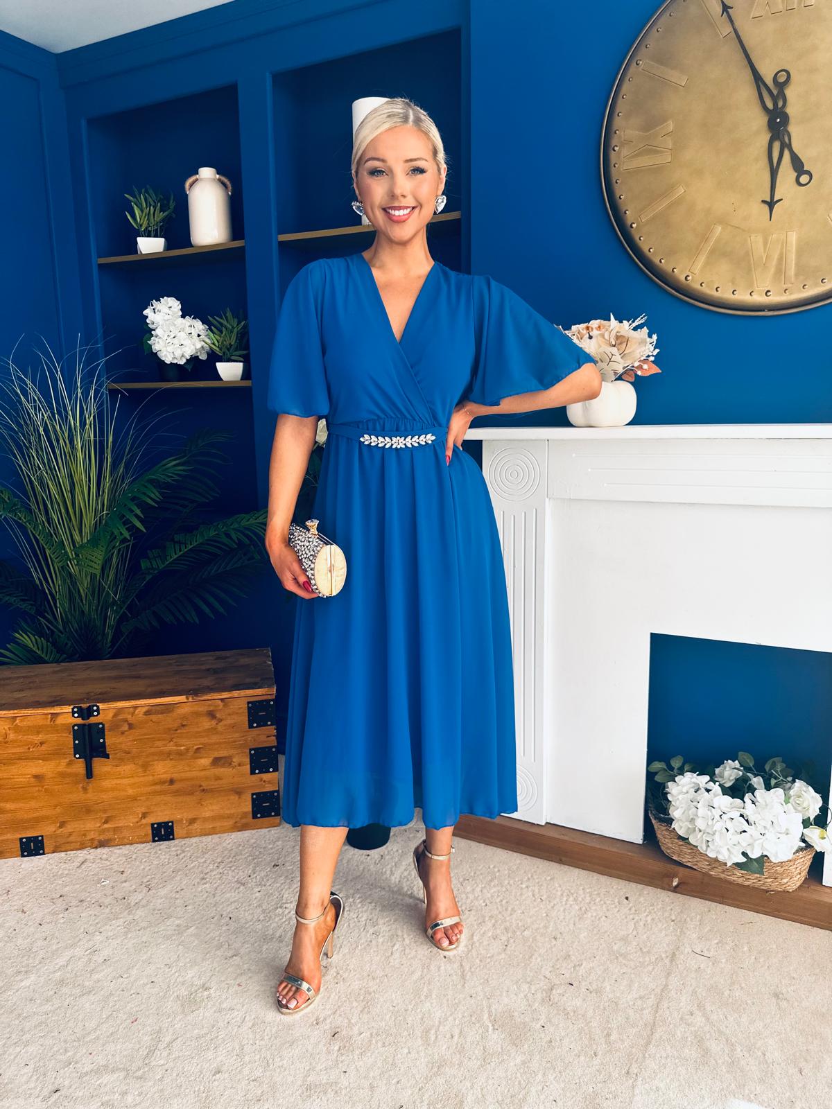 Darcy Embellished Belt Midi Dress Cobalt