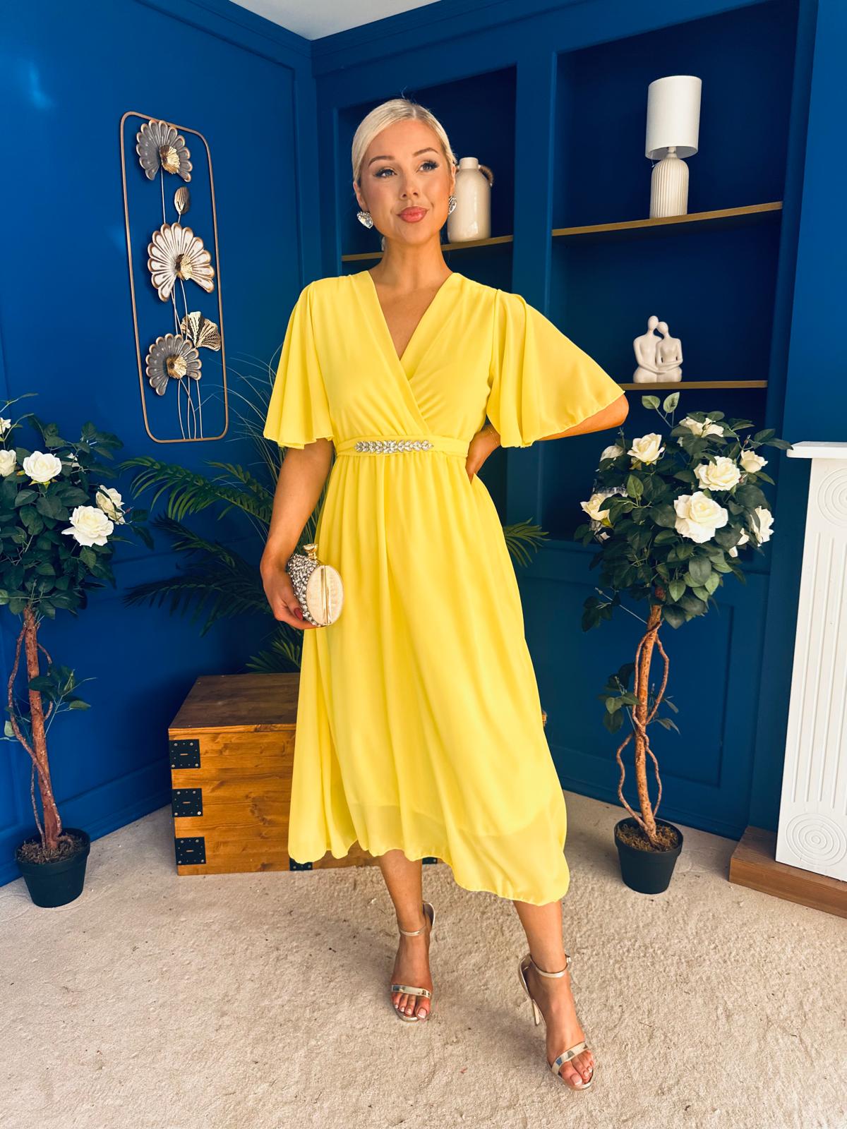 Darcy Embellished Belt Midi Dress Yellow