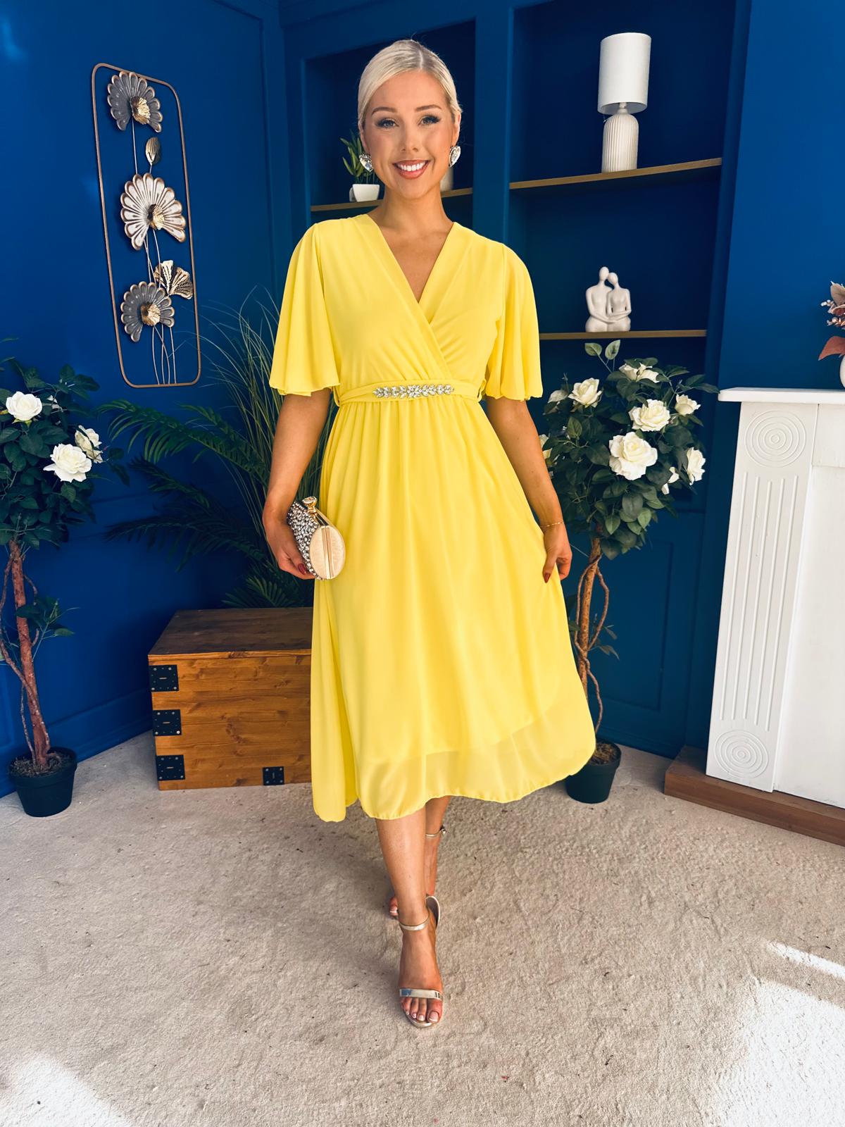 Darcy Embellished Belt Midi Dress Yellow