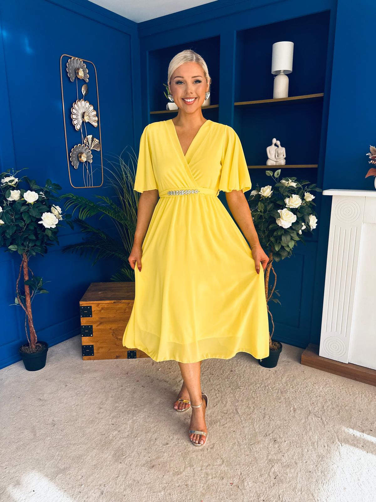 Darcy Embellished Belt Midi Dress Yellow