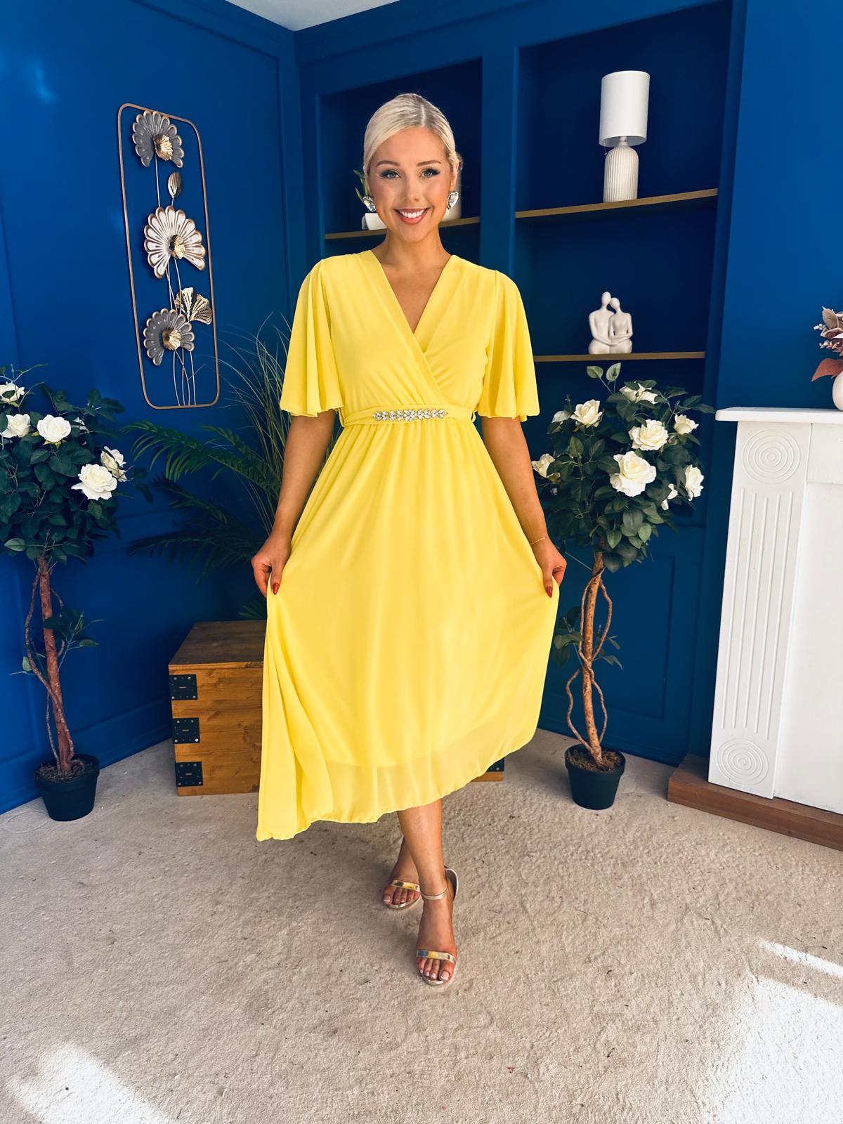 Darcy Embellished Belt Midi Dress Yellow