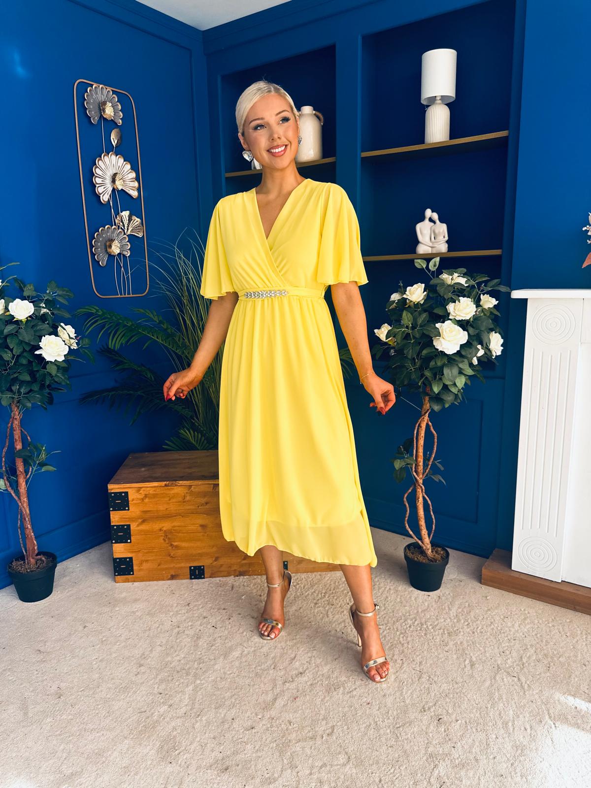 Darcy Embellished Belt Midi Dress Yellow