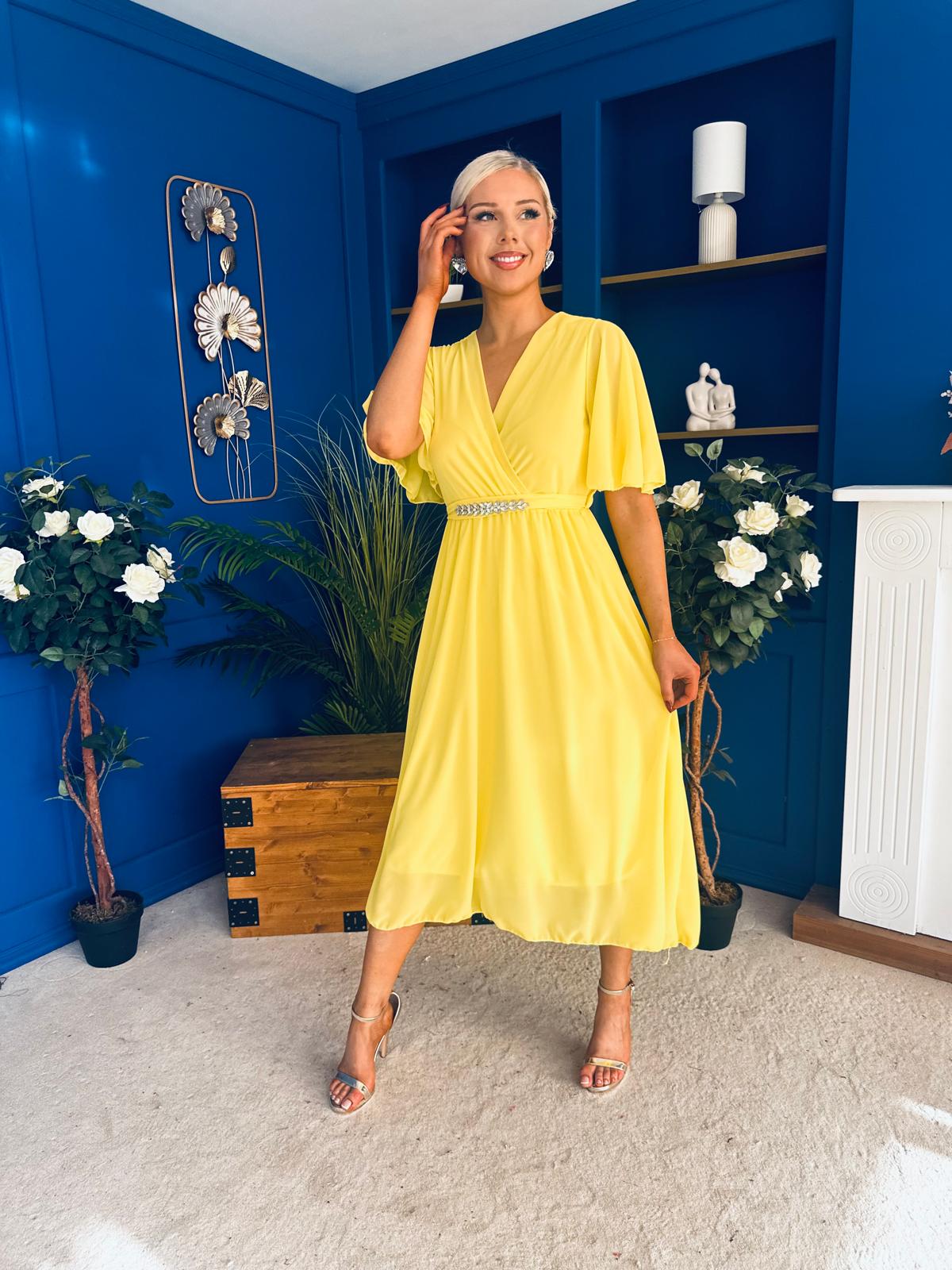 Darcy Embellished Belt Midi Dress Yellow