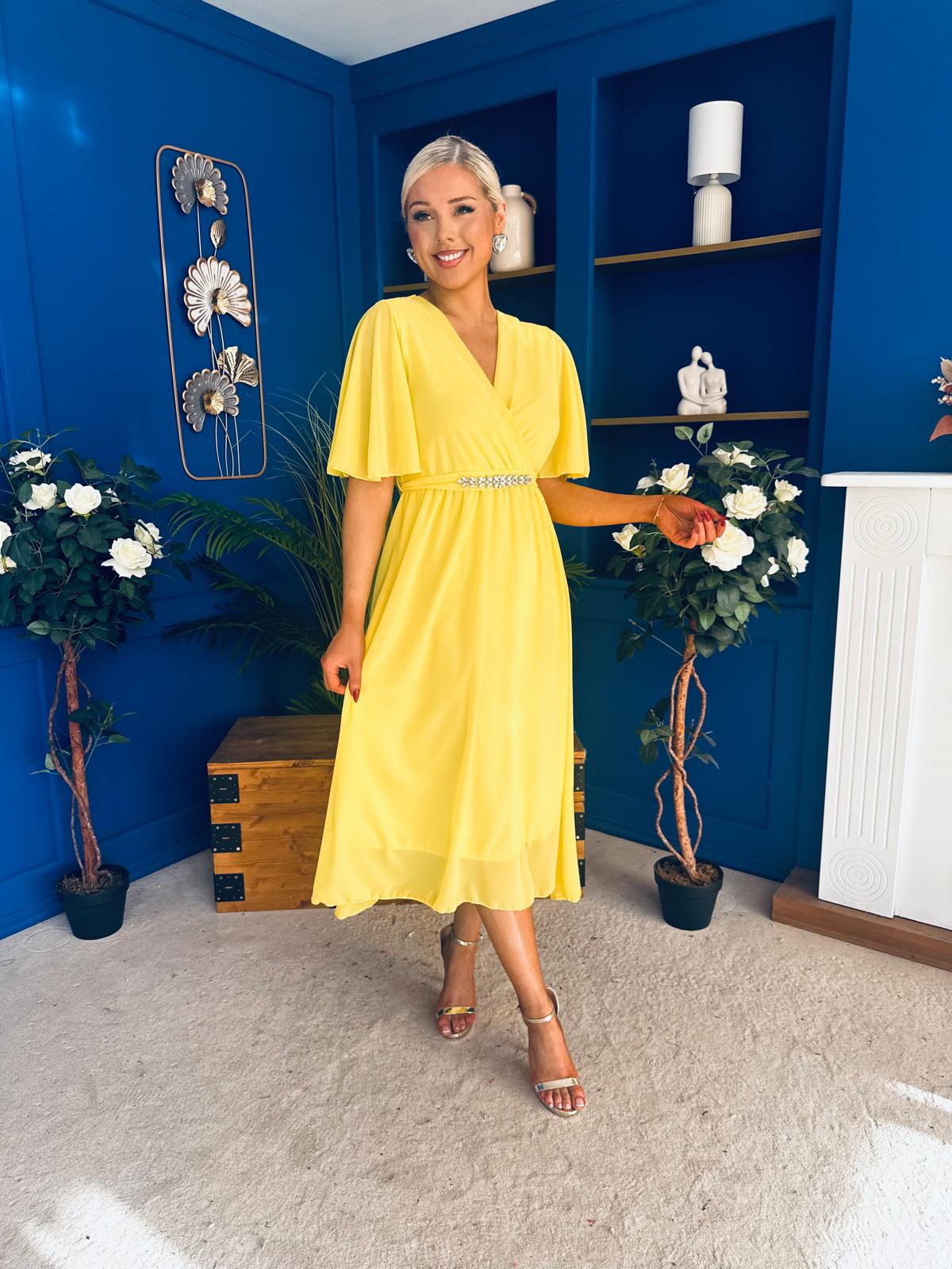 Darcy Embellished Belt Midi Dress Yellow